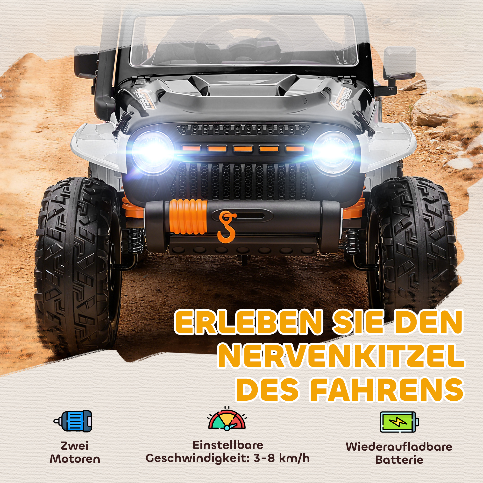 Elektrofahrzeug für Kinder, 12V Batterie, mit Eltern-Kind-Sitz, fernsteuerbar, Musik, Hupe, LED-Lichter, 3-8 Jahre, Weiß