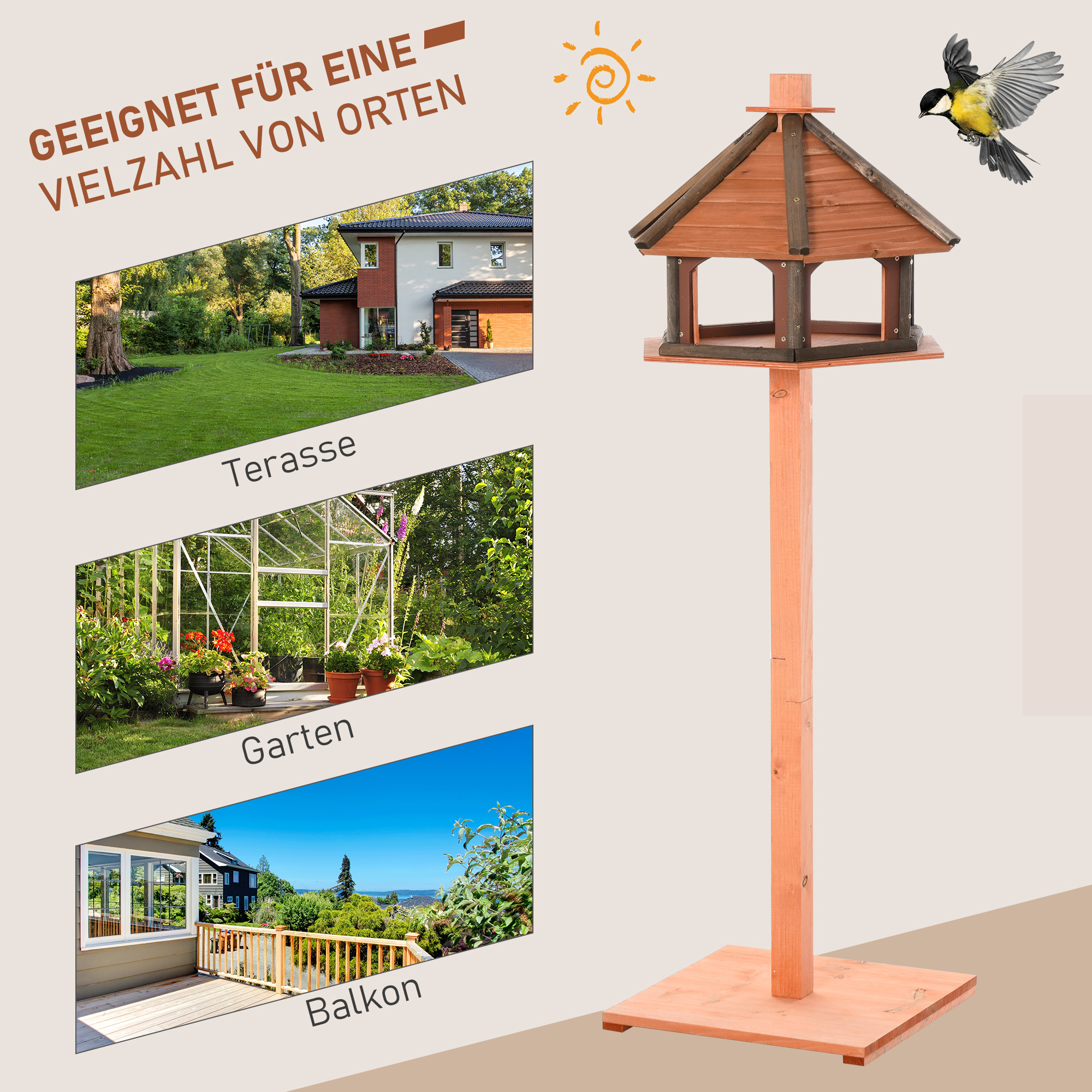 Vogelhaus mit Ständer wetterfestes Vogelfutterhaus mit wetterfestem Dach Futterhaus aus Holz für Wildvögel Ø52 x 130H cm Natur