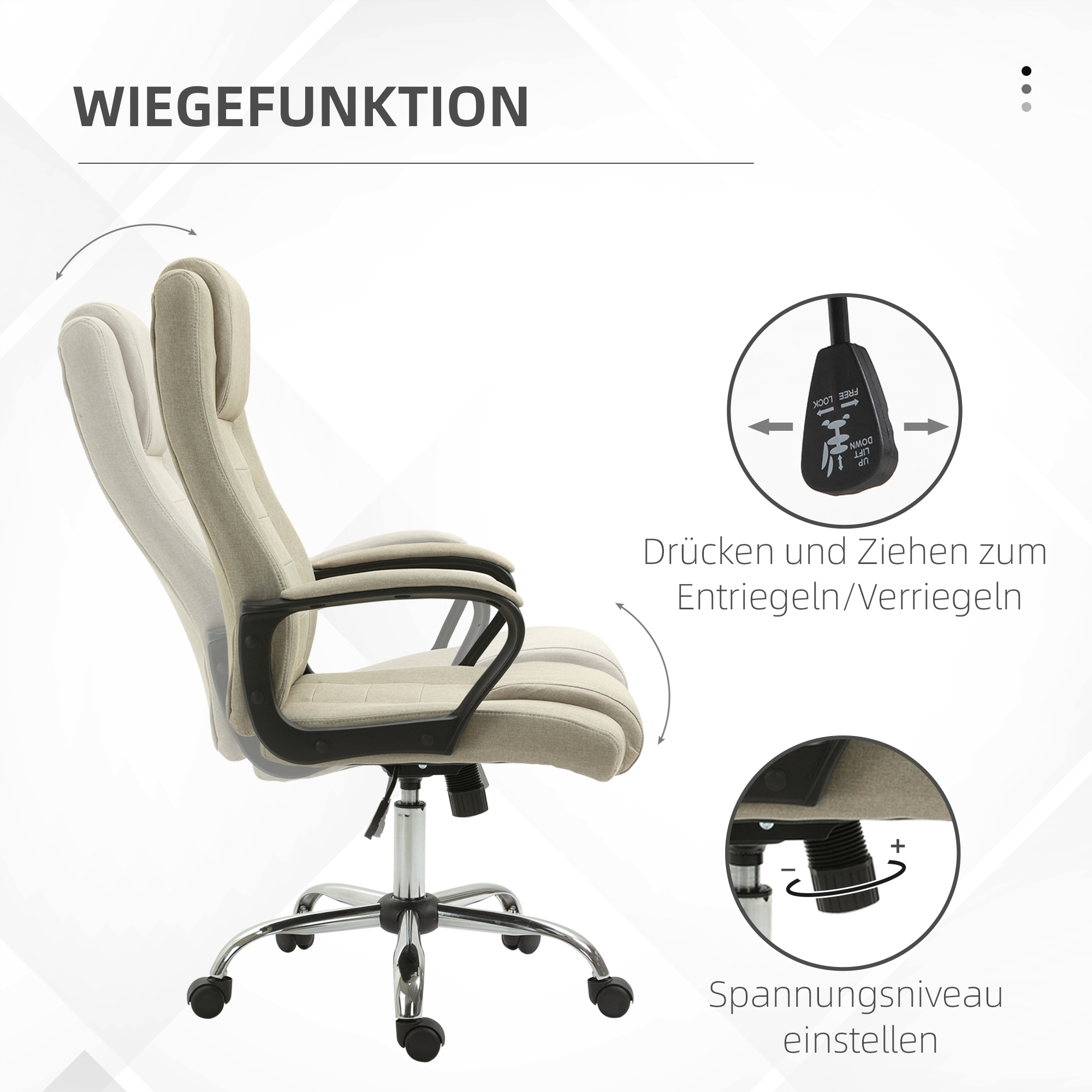 Bürostuhl in Leinenoptik, höhenverstellbar, Wippfunktion, 5 Rollen, Beige