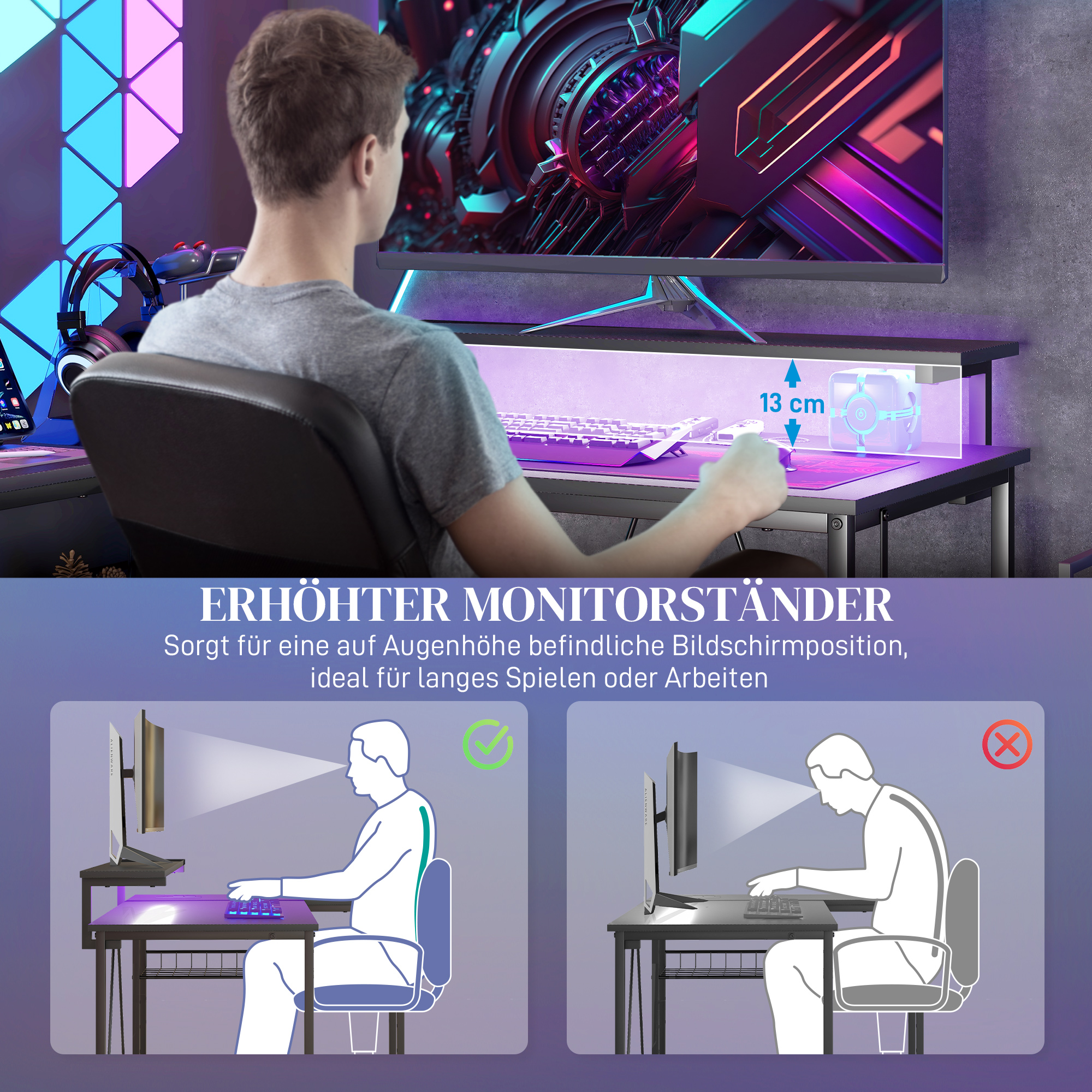 Schreibtisch L Form mit LED, Steckdosen, USB, Umkehrbar Computertisch mit Regal, 107 x 80 x 90 cm, Schwarz
