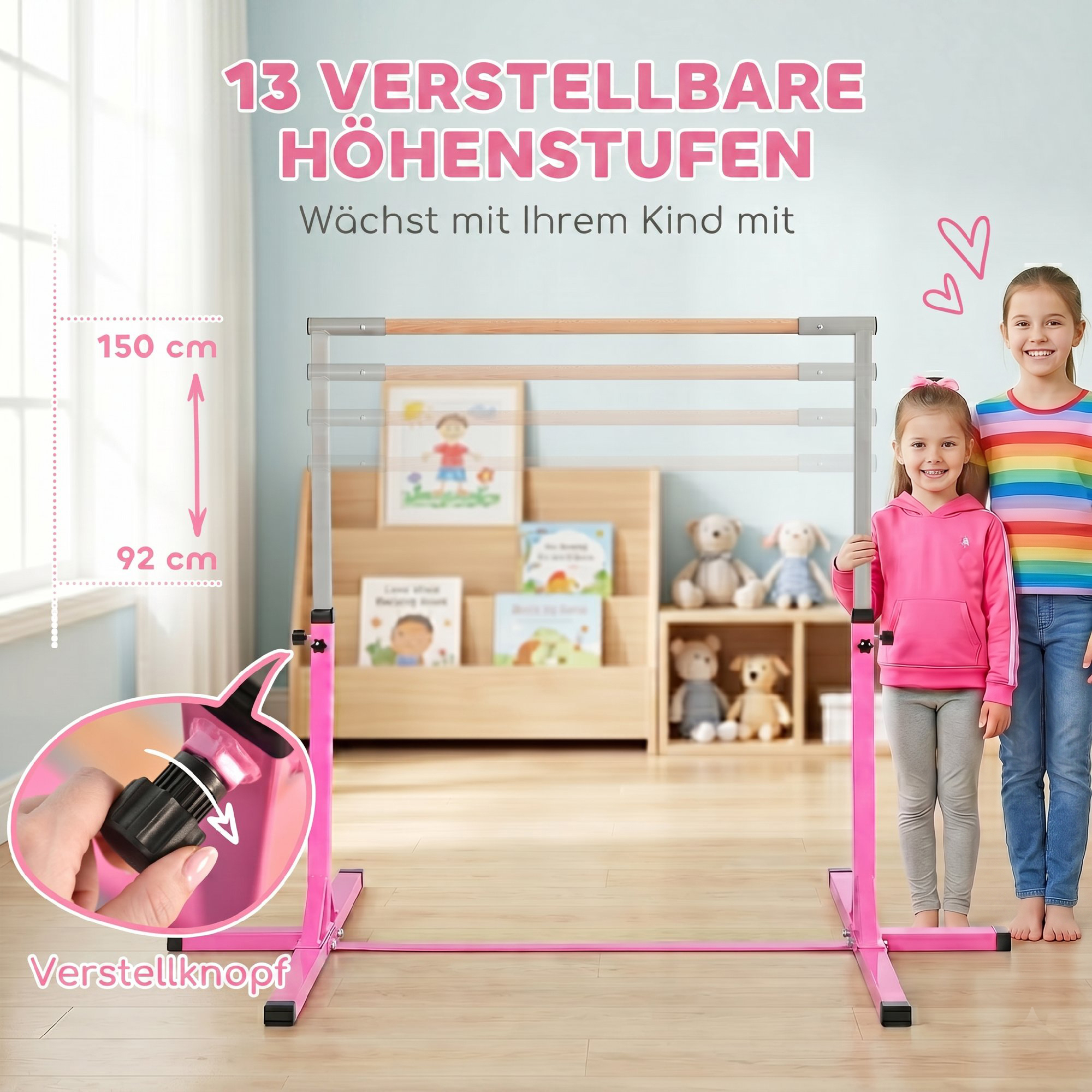 Gymnastikstange für Kinder, höhenverstellbar Turnreck Reckstange, Reck Turnstange für Indoor & Outdoor aus Holz & stabile Stahlkonstruktion bis 75 kg belastbar, für 3+ Kinder, Rosa