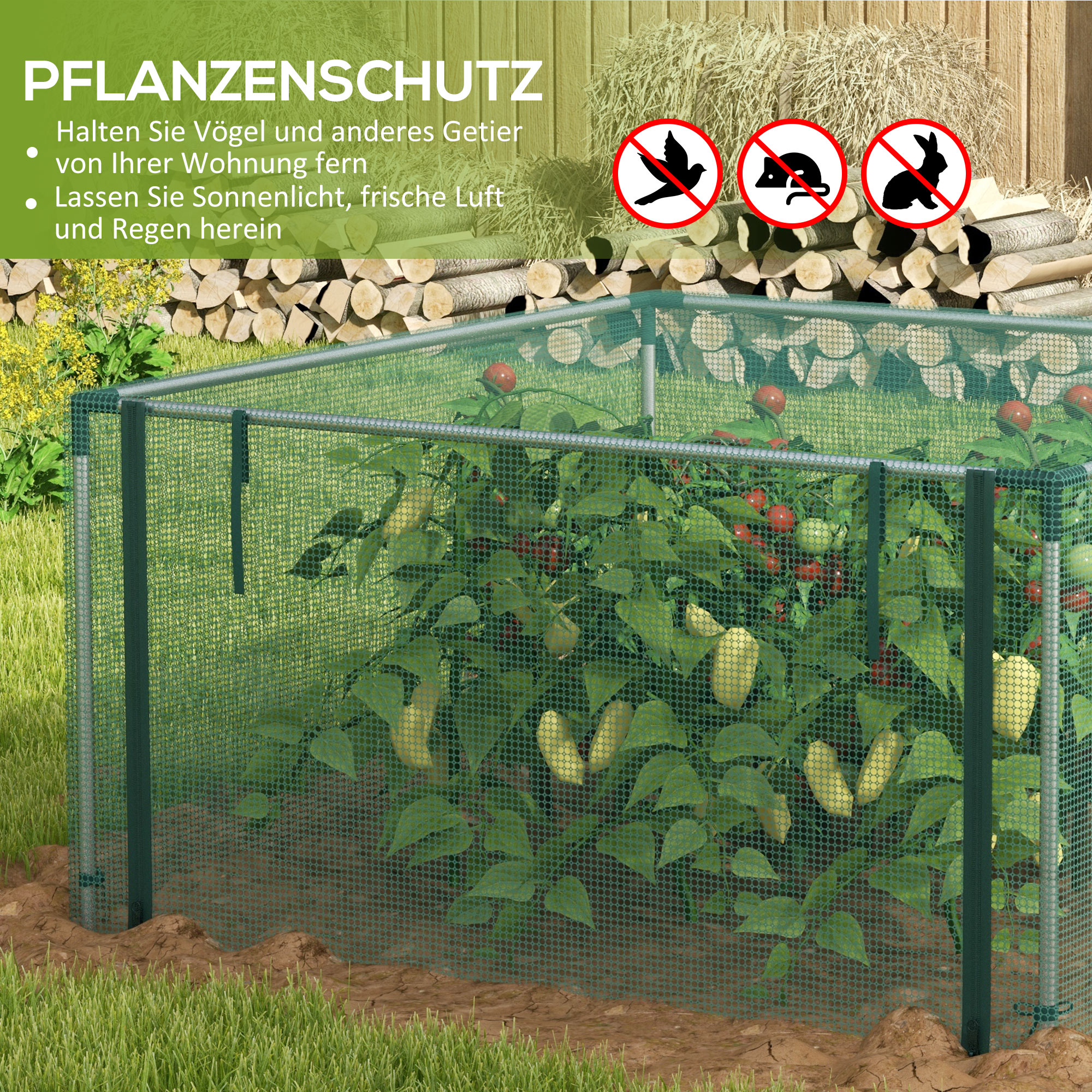 Pflanzenschutznetz, Gemüseschutz, Reißverschlusstür, Stahlrahmen, 125x125x62,5 cm, Grün/Silber