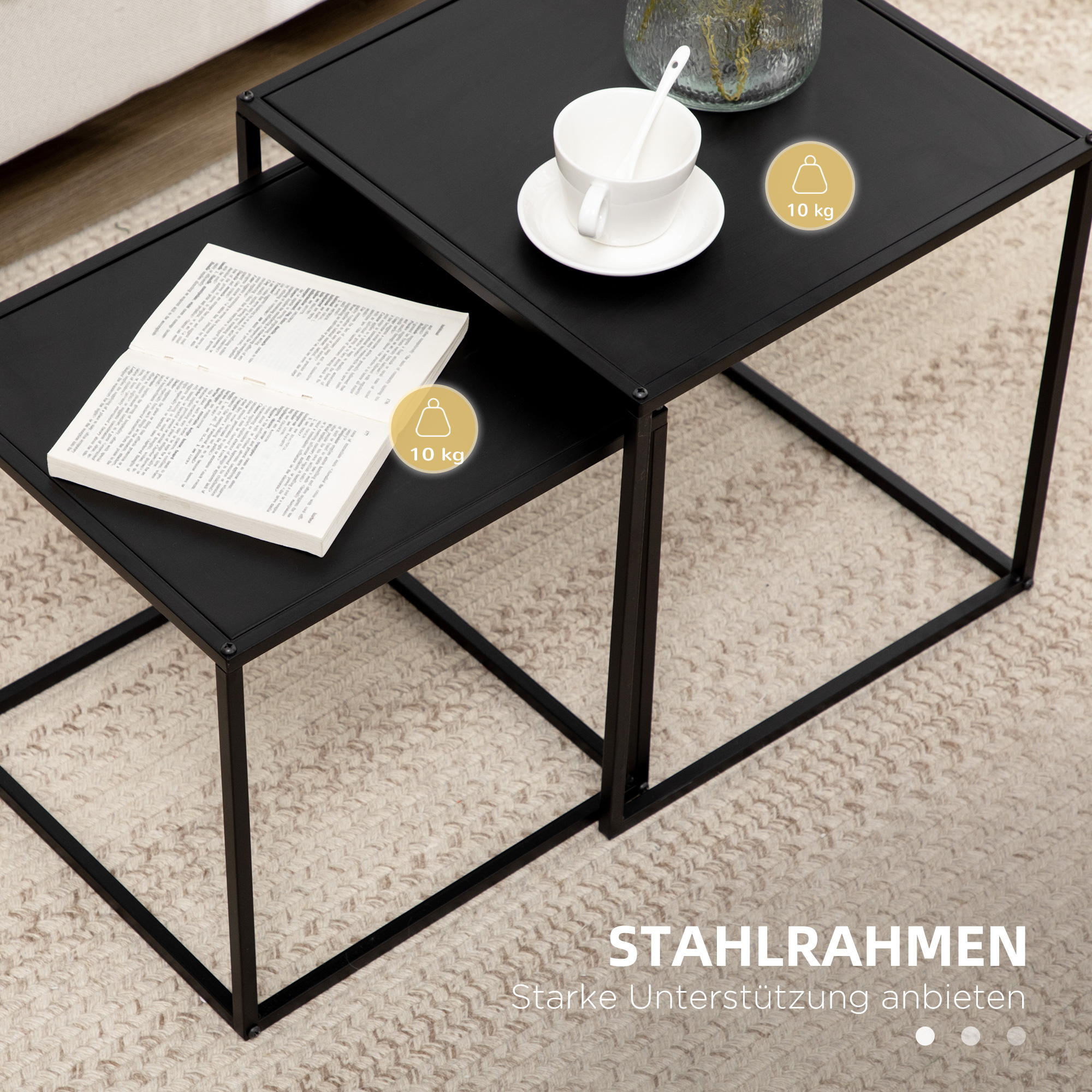 Beistelltisch, Couchtisch, Satztisch, 2er-Set, modernes Design, Stahlrahmen, schwarz, 40 x 40 x 40cm