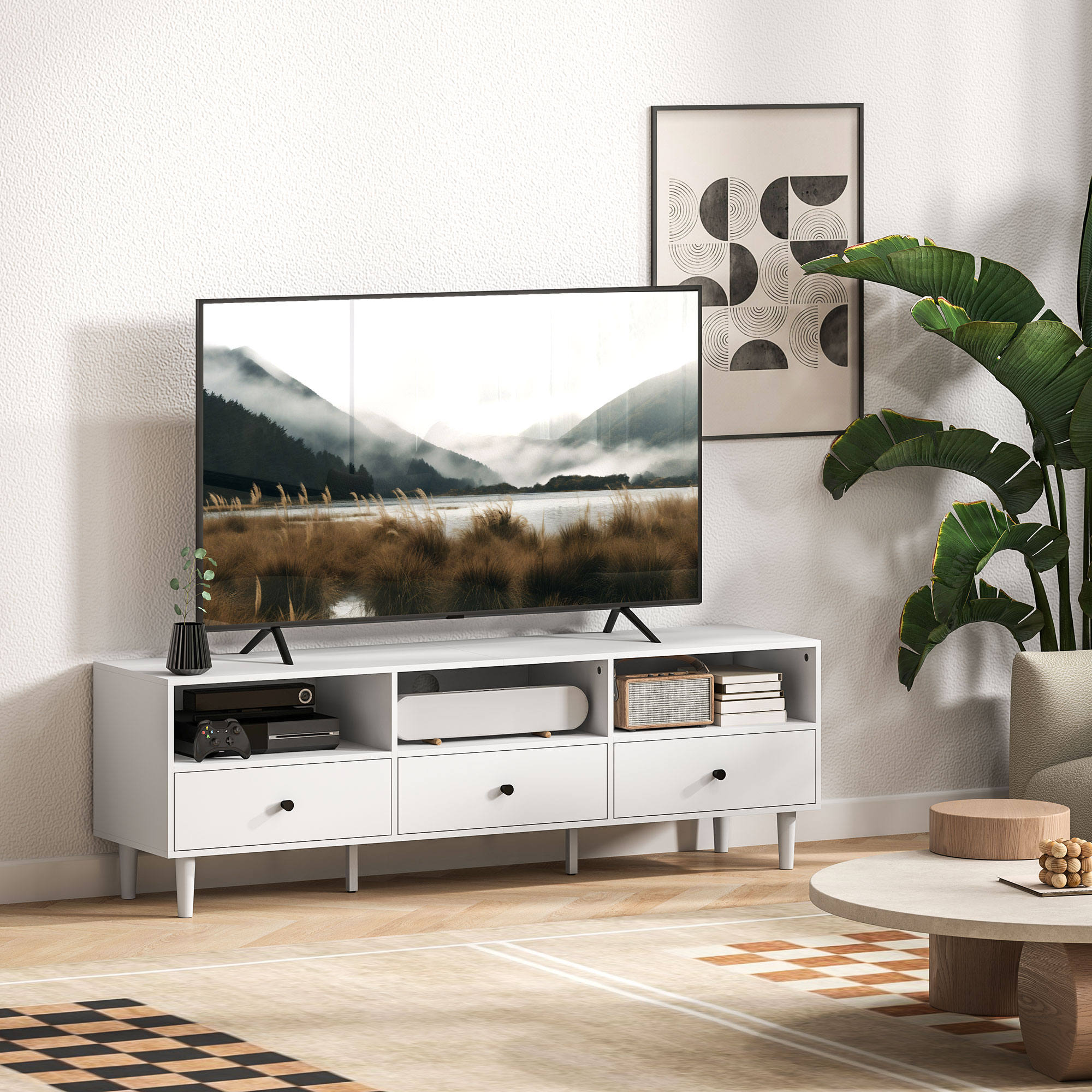 TV-Kommode, TV-Ständer für 75-Zoll-Bildschirme, 3 offene Fächer, 3 Schubladen, Spanplatte, Weiß
