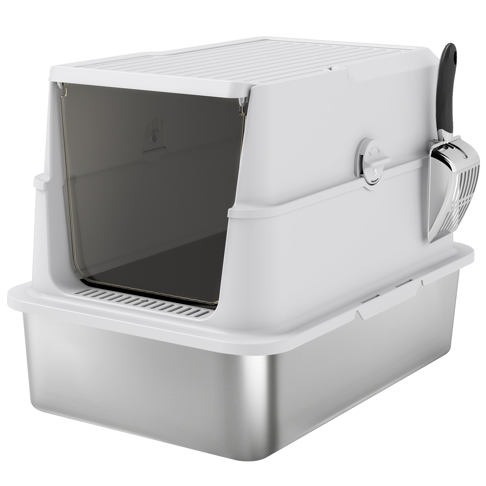 Katzentoilette, Edelstahl, XL-Innenraum, mit Schaufel, Hellgrau