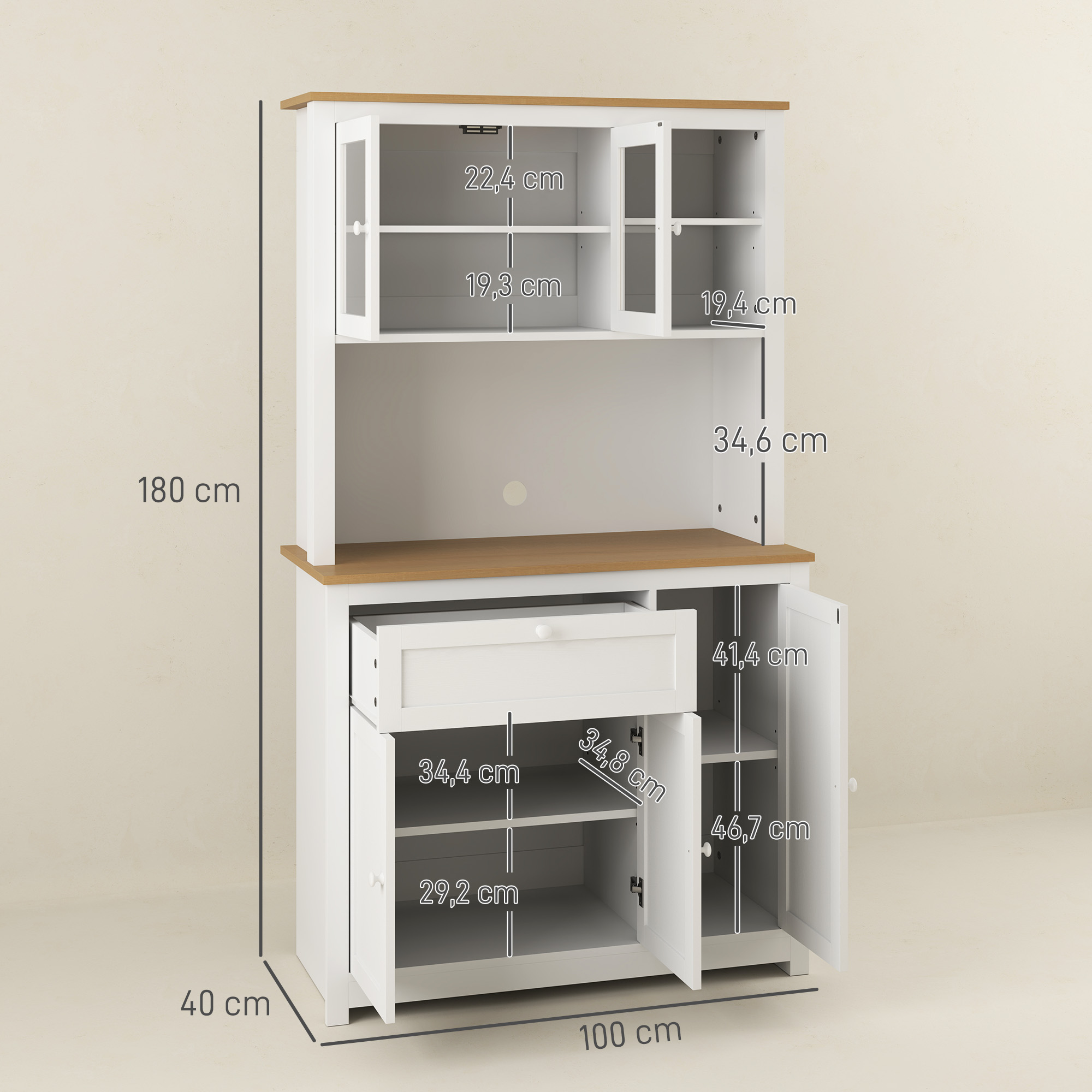 Küchenschrank im Landhausstil, 1 Vitrine, 1 offenes Regal, 1 Schublade, 2 Schränke, Natur + Weiß