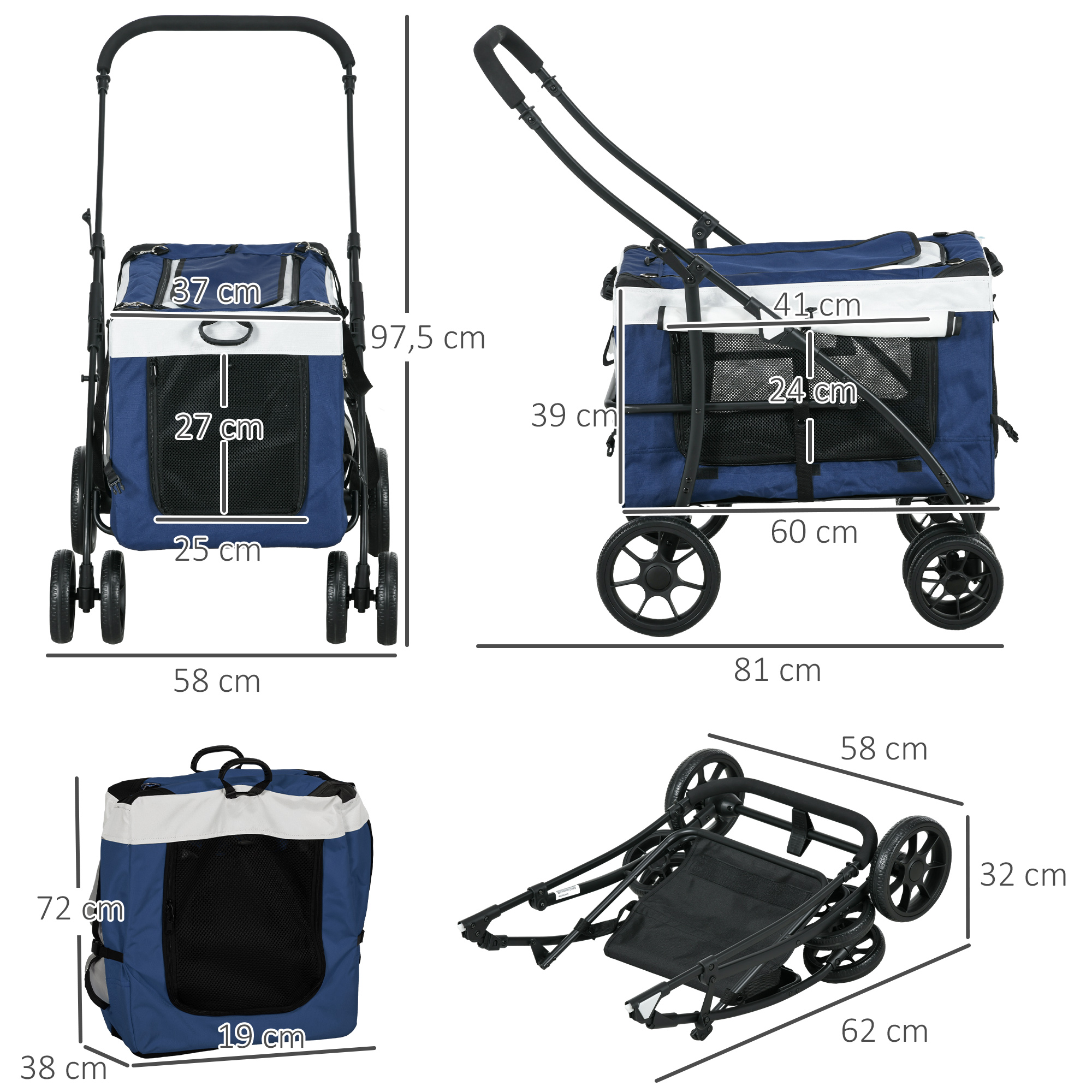 Hundbuggy Haustierbuggy Haustiertransporter bis 10kg klappbar verstellbare Trageriemen abnehmbarer Korb 81 x 58 x 97,5 cm Schwarz + Blau + Weiß