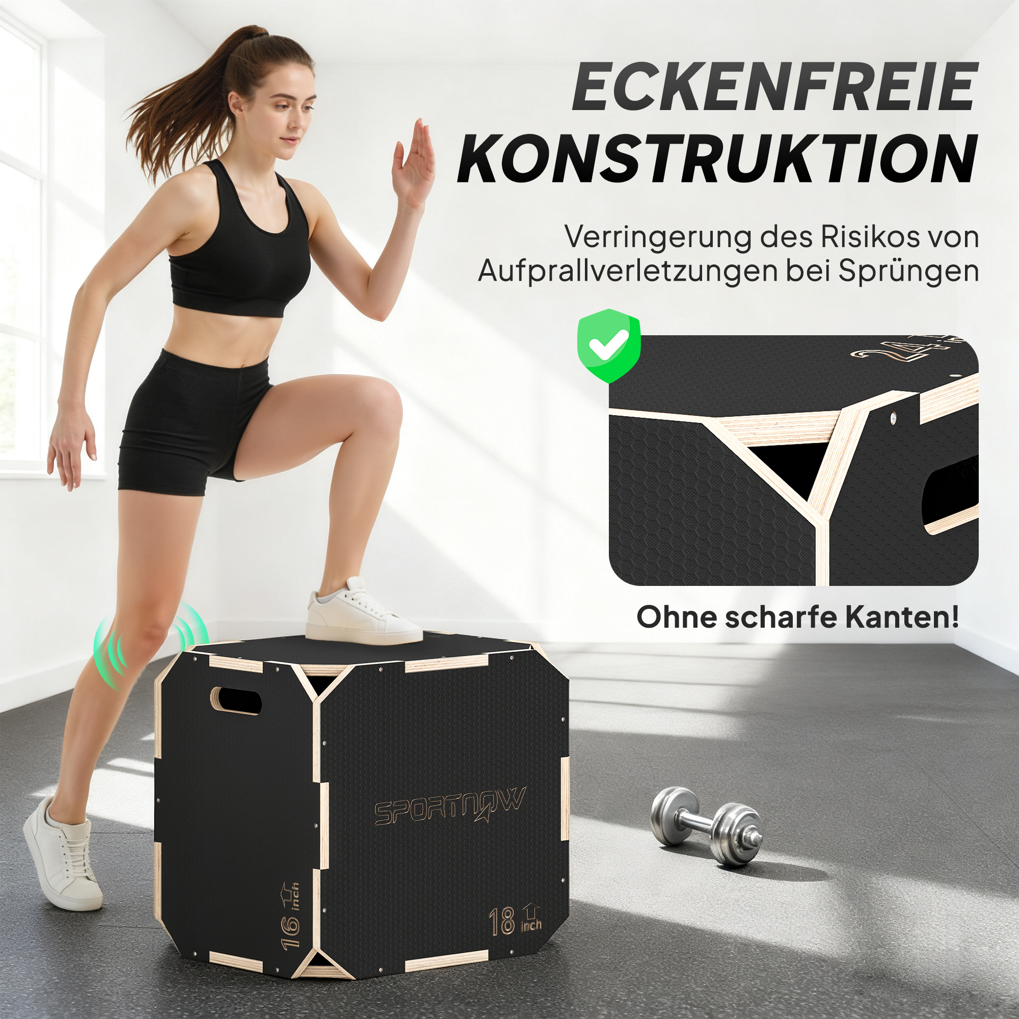 Sprungbox, kantenfreie Ecken, Sperrholz, höhenverstellbar, Seitengriffe, Schwarz