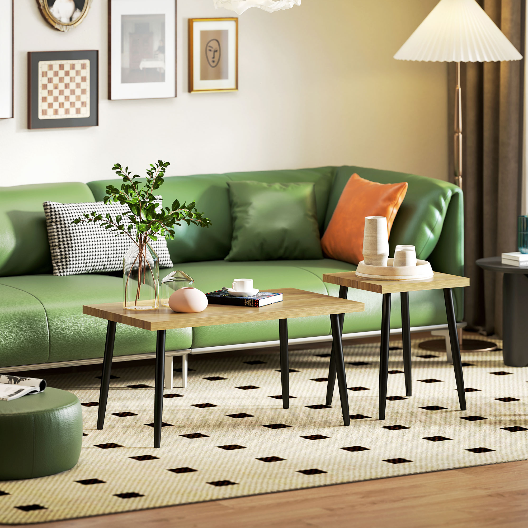 2er-Set Kaffeetische, Großer und kleiner Tisch mit Metallrahmen und Holzplatte, Flexible Couchtische, Naturholz