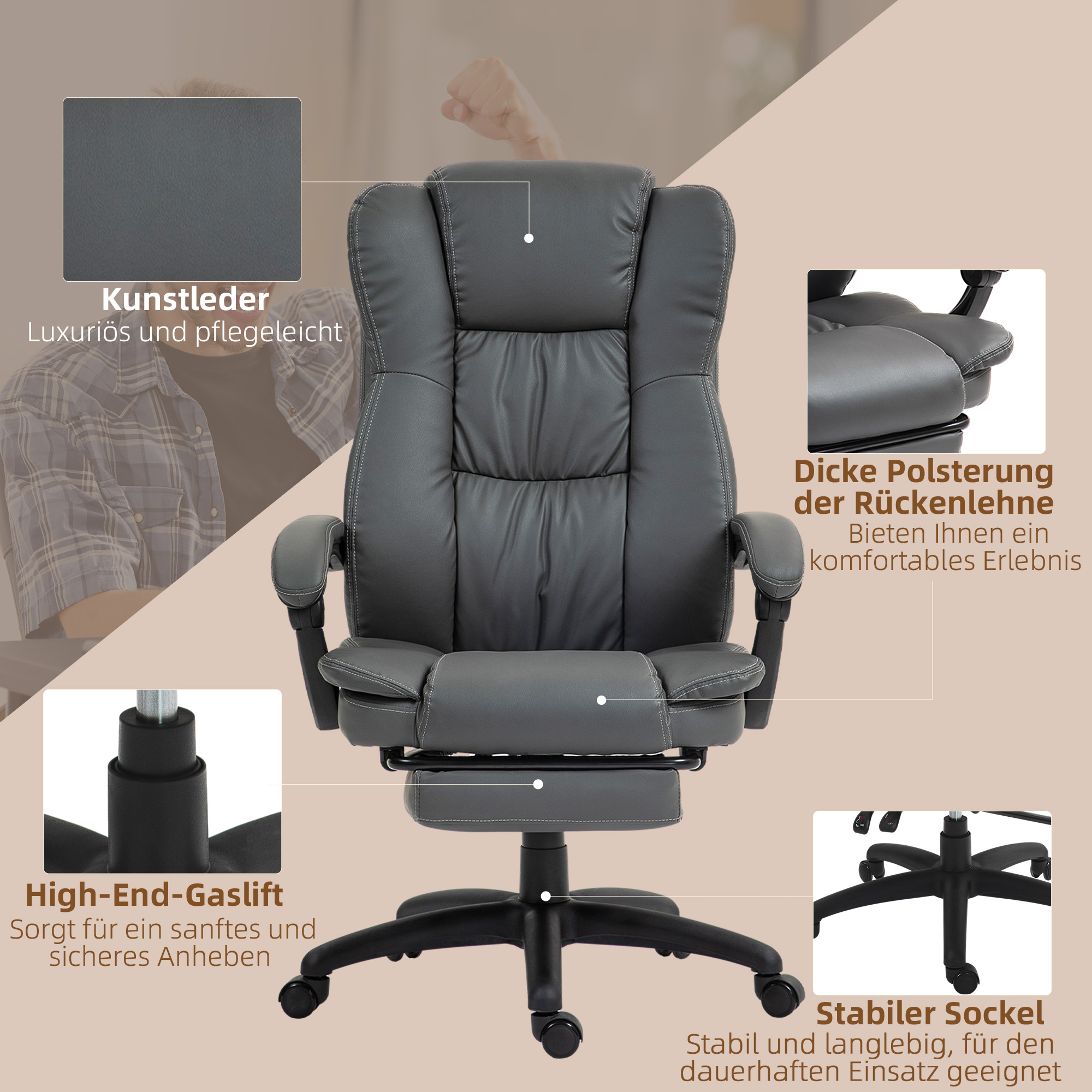verstellbarer Drehstuhl mit Fußstütze, Kopfstütze, Massagefunktion, Kunstleder, 68,5x68,5x113-121cm, Dunkelgrau