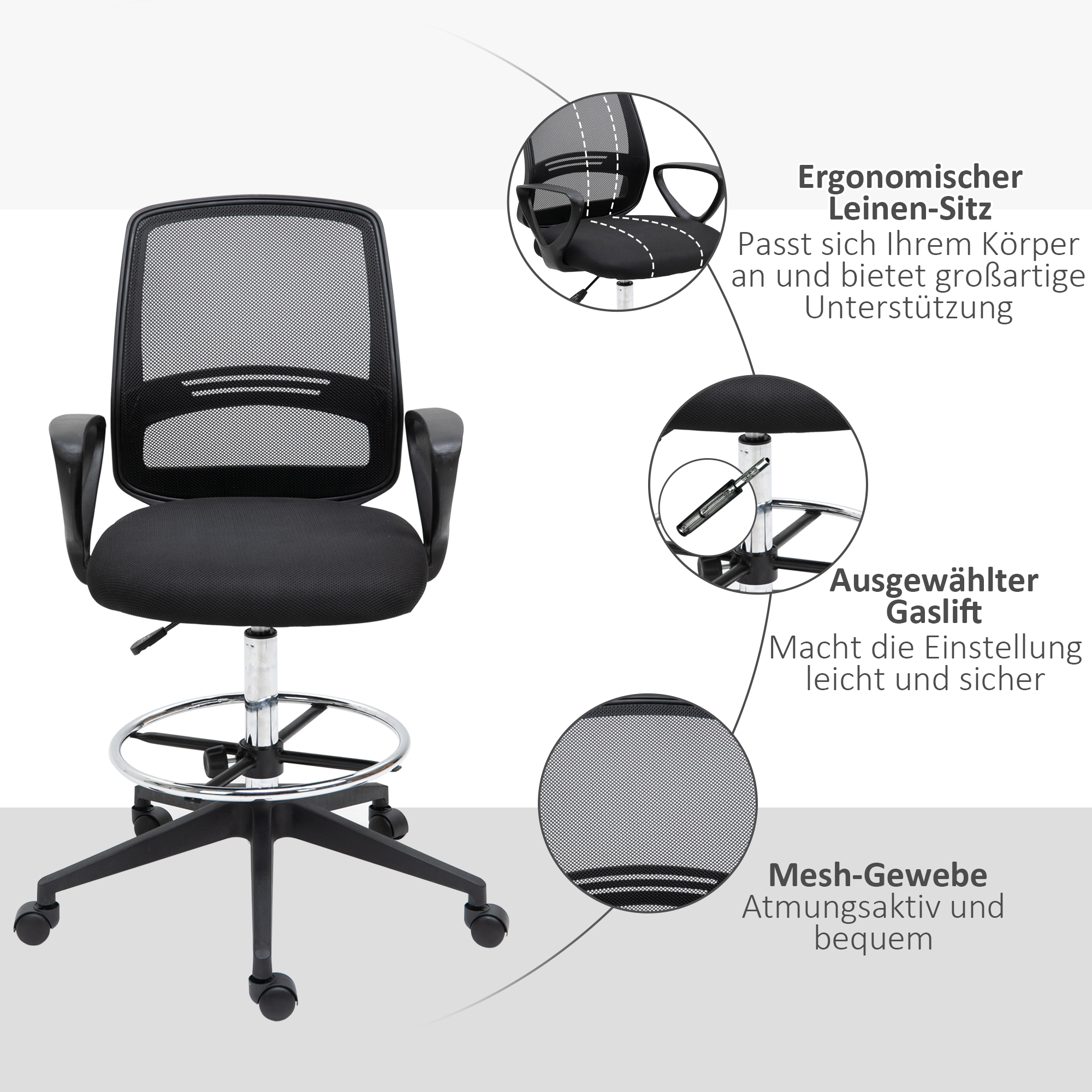 Bürostuhl Ergonomischer Schreibtischstuhl mit Armlehnen und Verstellbarer Fußring, Höhenverstellbarer Drehstuhl mit Netzbespannung Schwarz