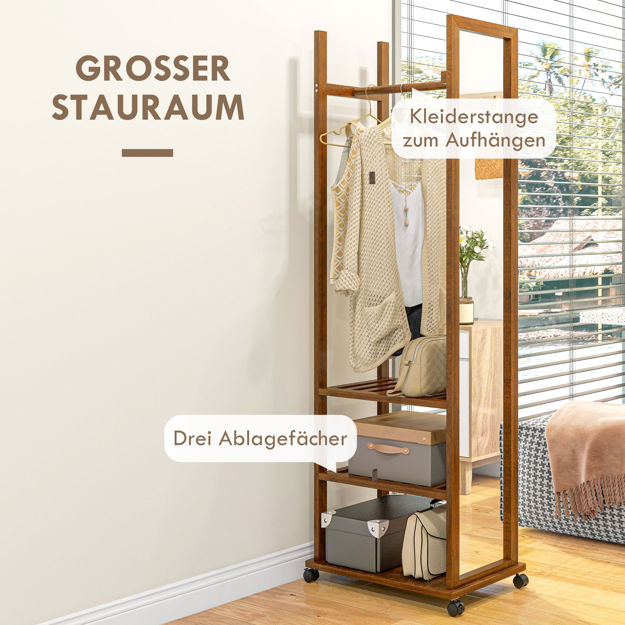 2-in-1-Spiegel Spiegel Ganzkörperspiegel Garderobe, 1 Kleiderstange, 3 Regale, 35,8 x 59,8 x 170 cm, Natur