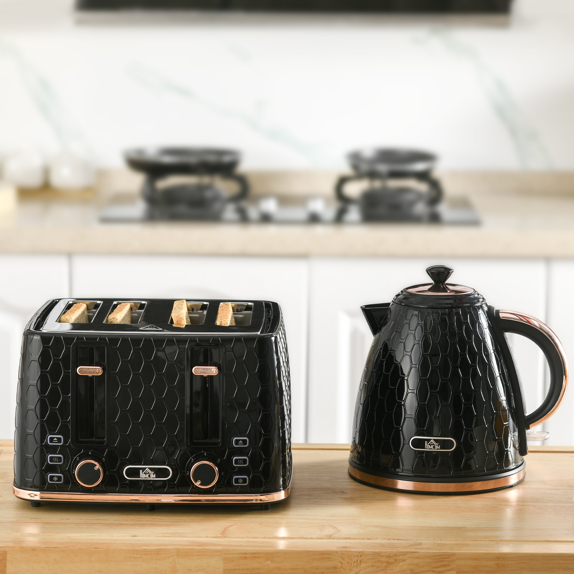 2-in-1 Küchenset, Toaster und Wasserkocher, mehrere Optionen, 1,7 L, 4 Toastscheiben gleichzeitig, Kunststoff, Schwarz