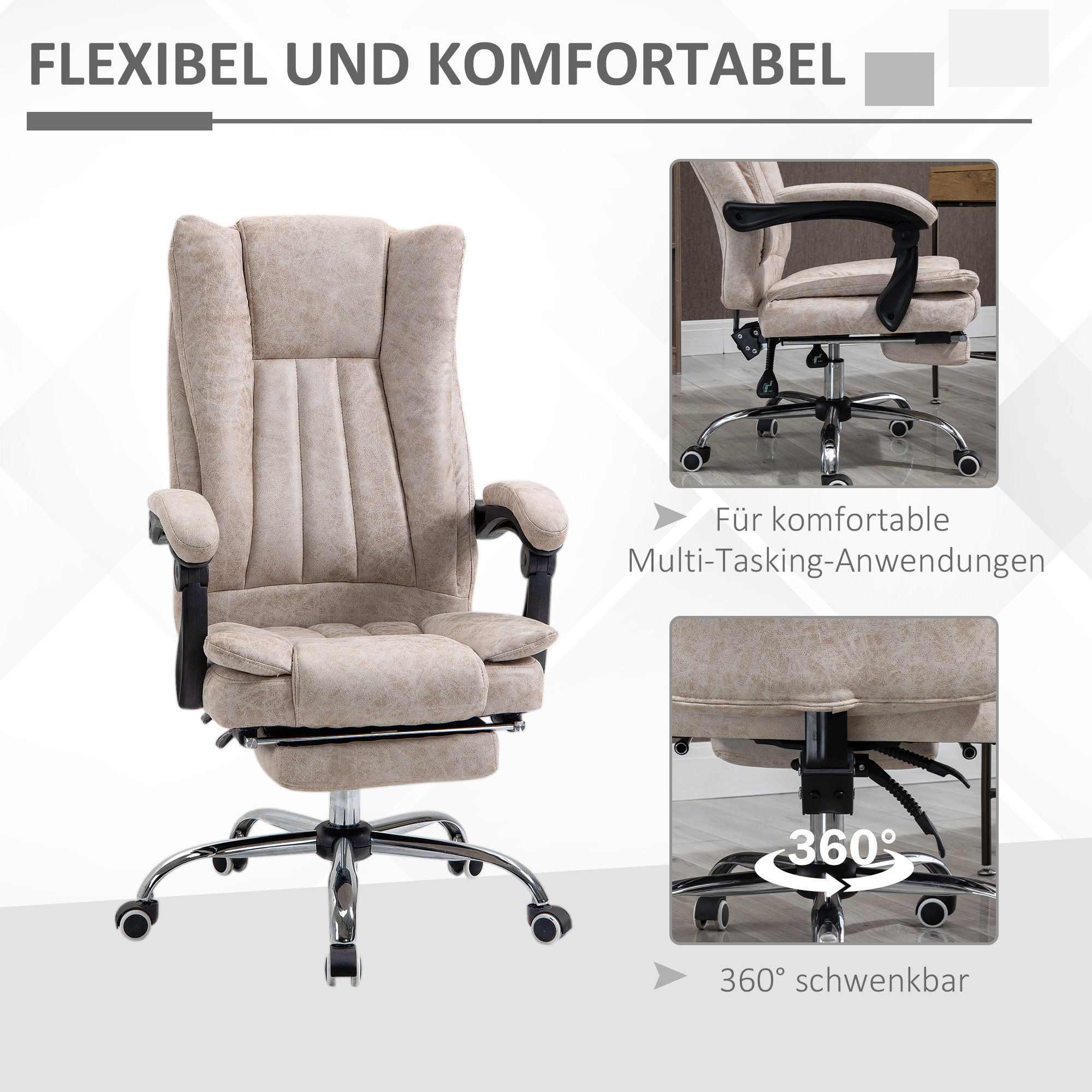 Bürostuhl Drehstuhl mit Liegefunktion Fußstütze Bürosessel Sitzhöhenverstellung Stuhl Schreibtischstuhl Mikrofaser Kunststoff Metall Nylon Beige+Schwarz+Silber 63 x 71 x 110-118 cm