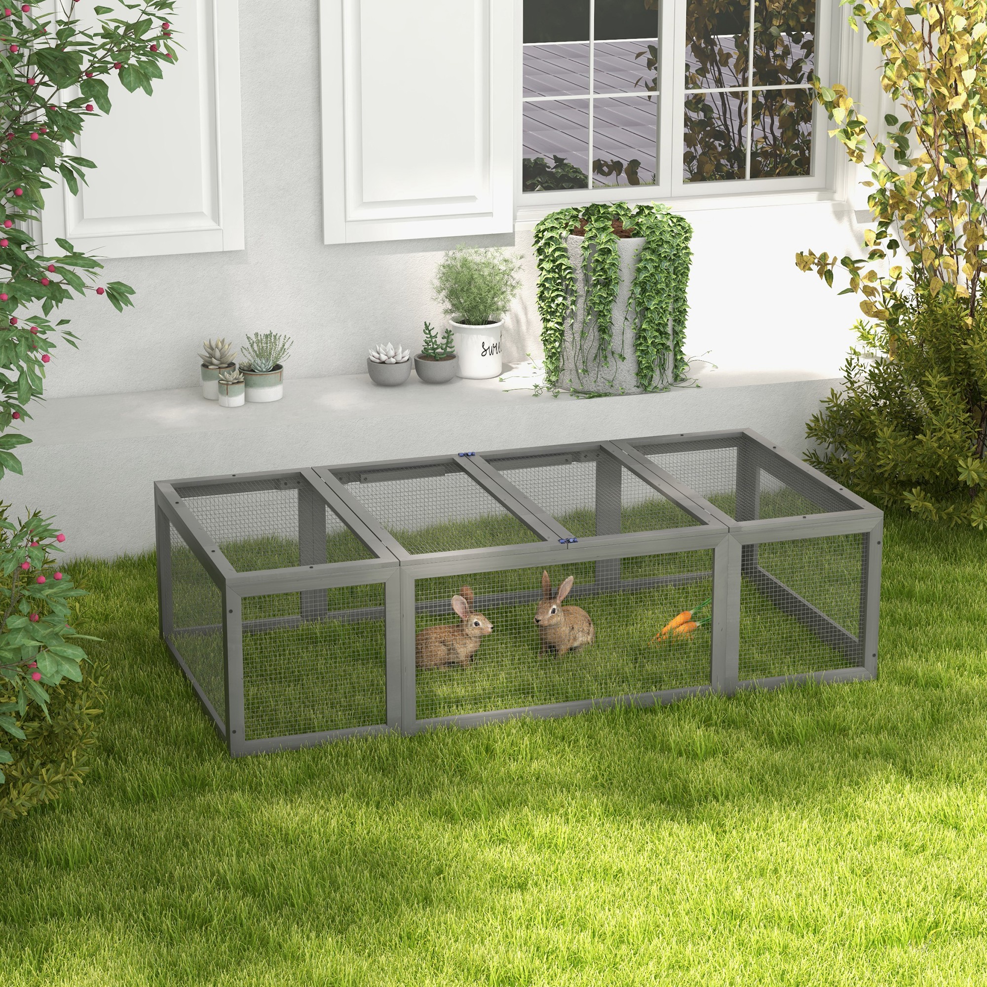 Freilaufgehege für Kleintiere Aufklappbares Dach Tannenholz Grau