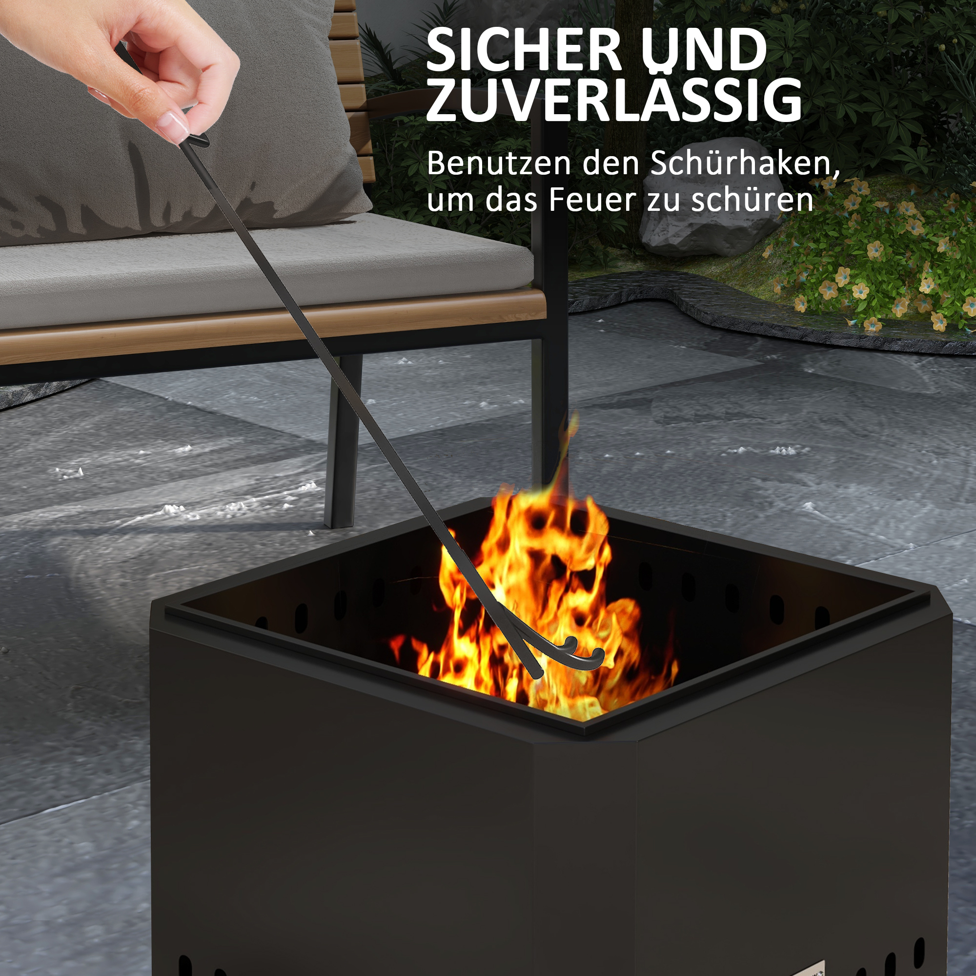 Feuerschale Feuerstelle, inkl, Schürhaken, 48 x 48 x 41 cm, Schwarz