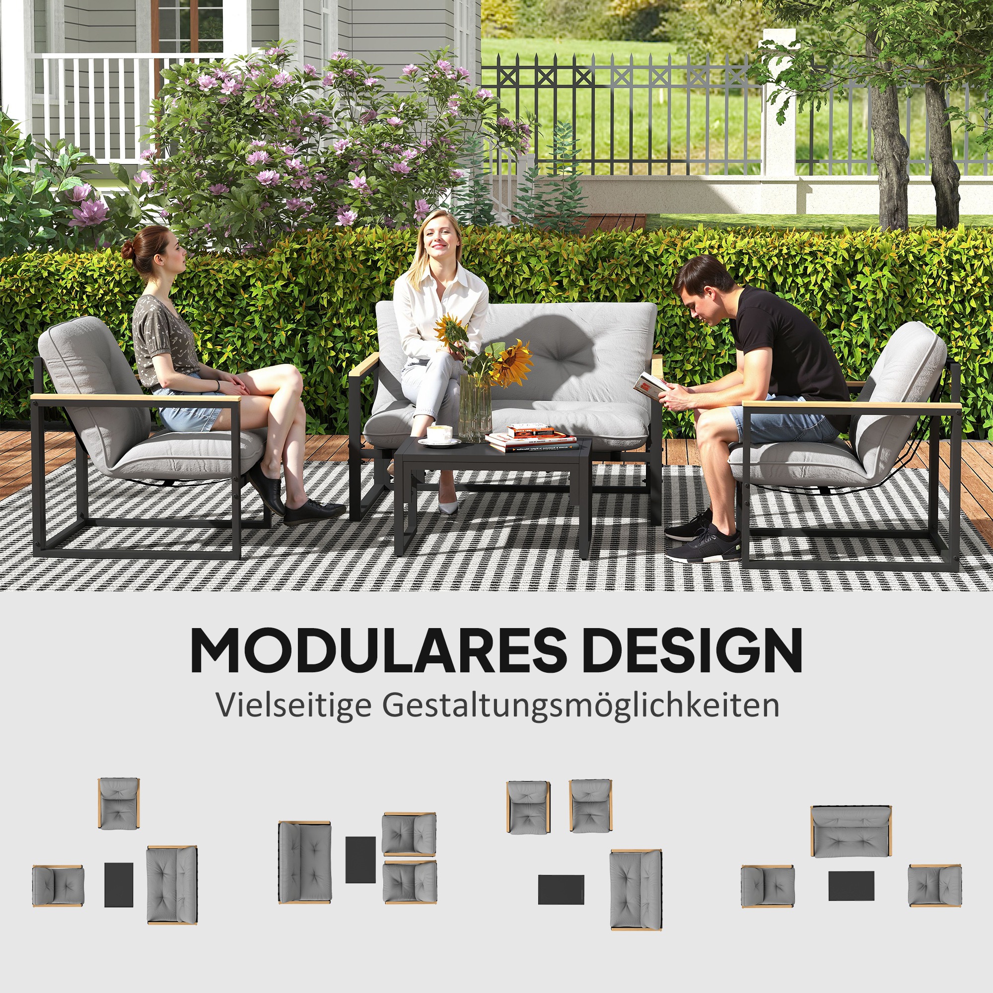 Gartenmöbel Set 4 Personen wetterfest Balkonmöbel-Set mit 2er Sofa, Sessel Sitzkissen Hellgrau