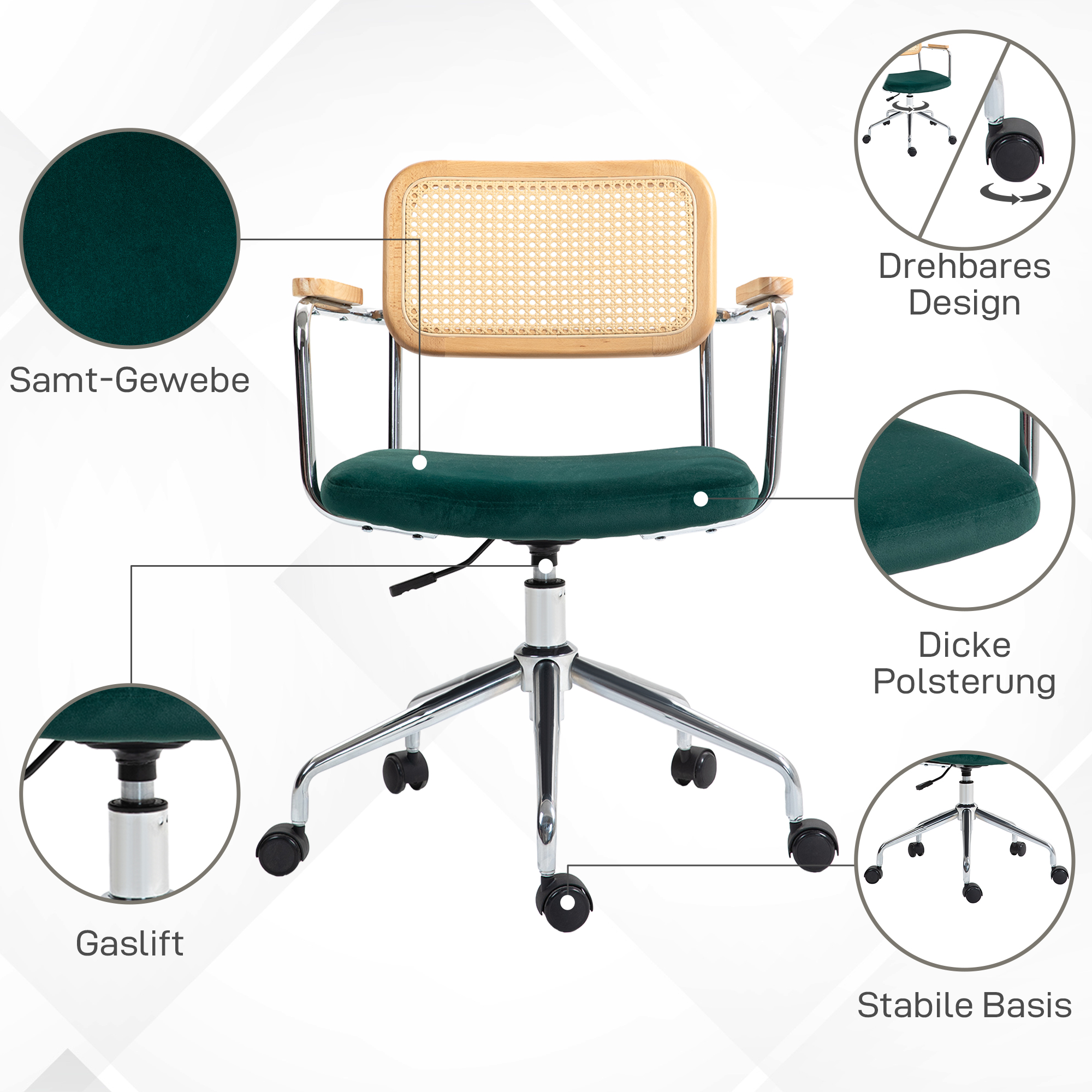 Bürostuhl, Boho-Design, Holzarmlehnen, drehbar, verstellbar, bis 120 kg, Stahl, Grün