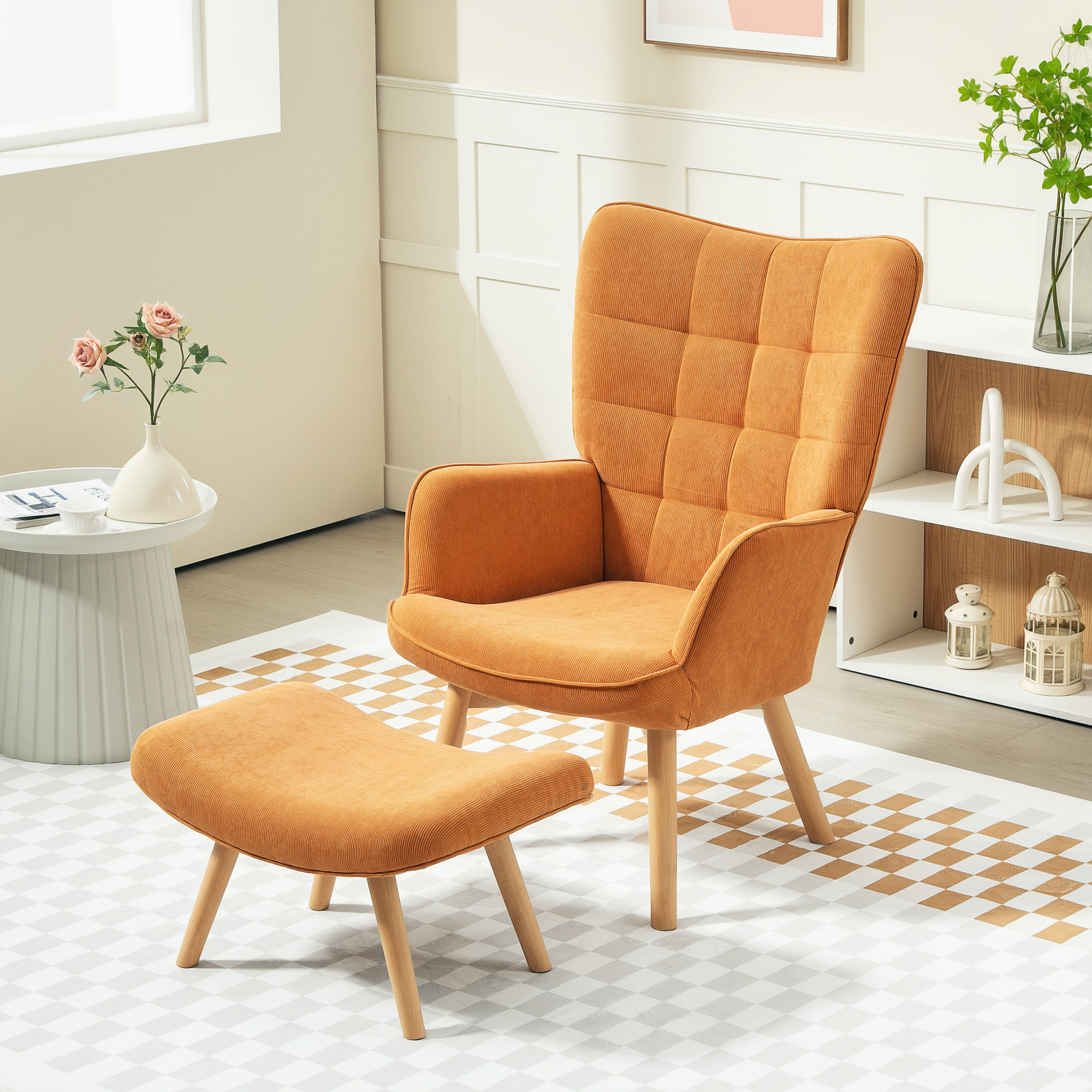 Akzentsessel mit Hocker, Relaxsessel in Cord-Optik, Armlehnstuhl mit Holzbeinen, für Wohnzimmer, Braun
