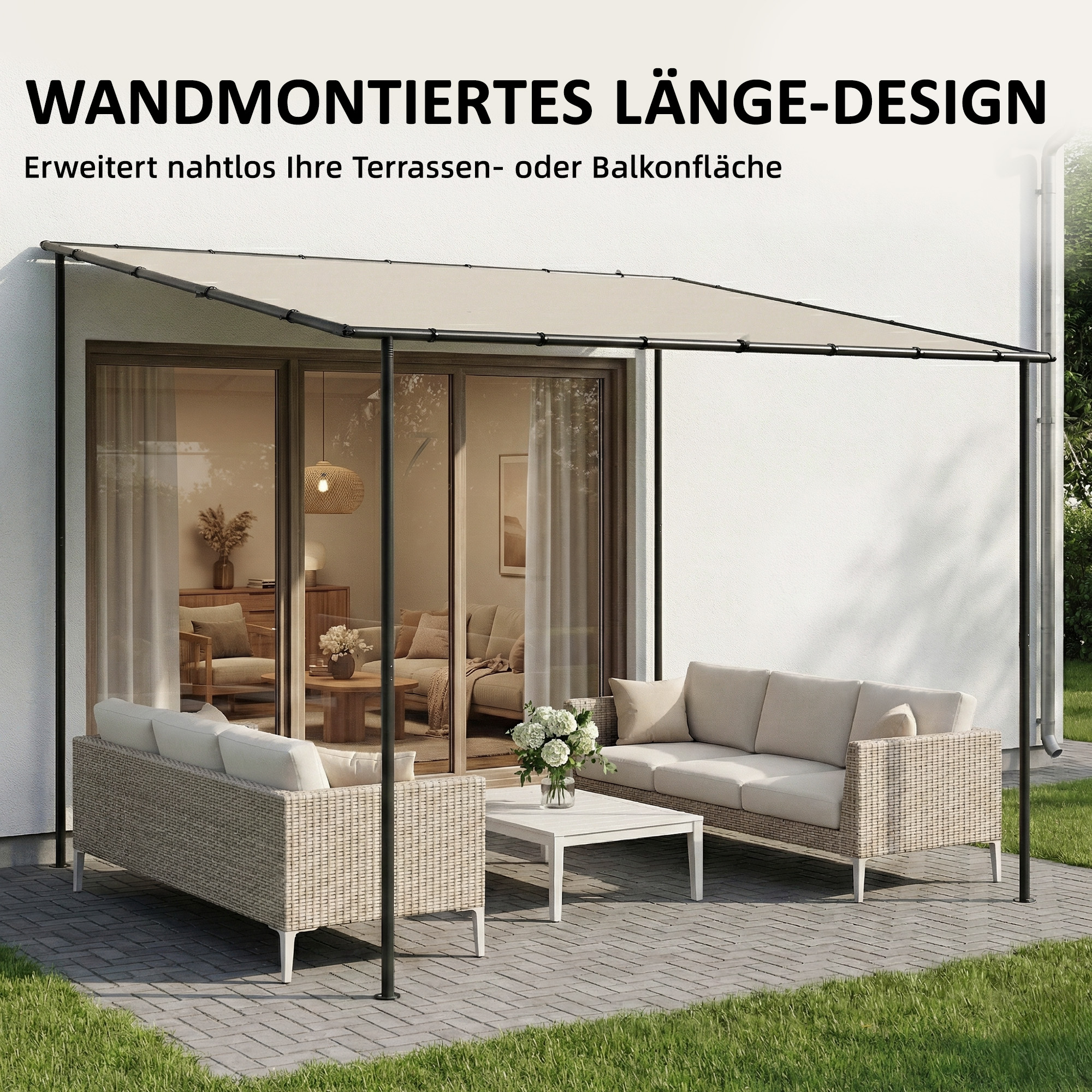 Anbaupavillon Pergola mit Metallgestell Dach, wetterfest wandmontiert Pavillon Vordach, 3 x 1,8 x 2,3 m Cremeweiß