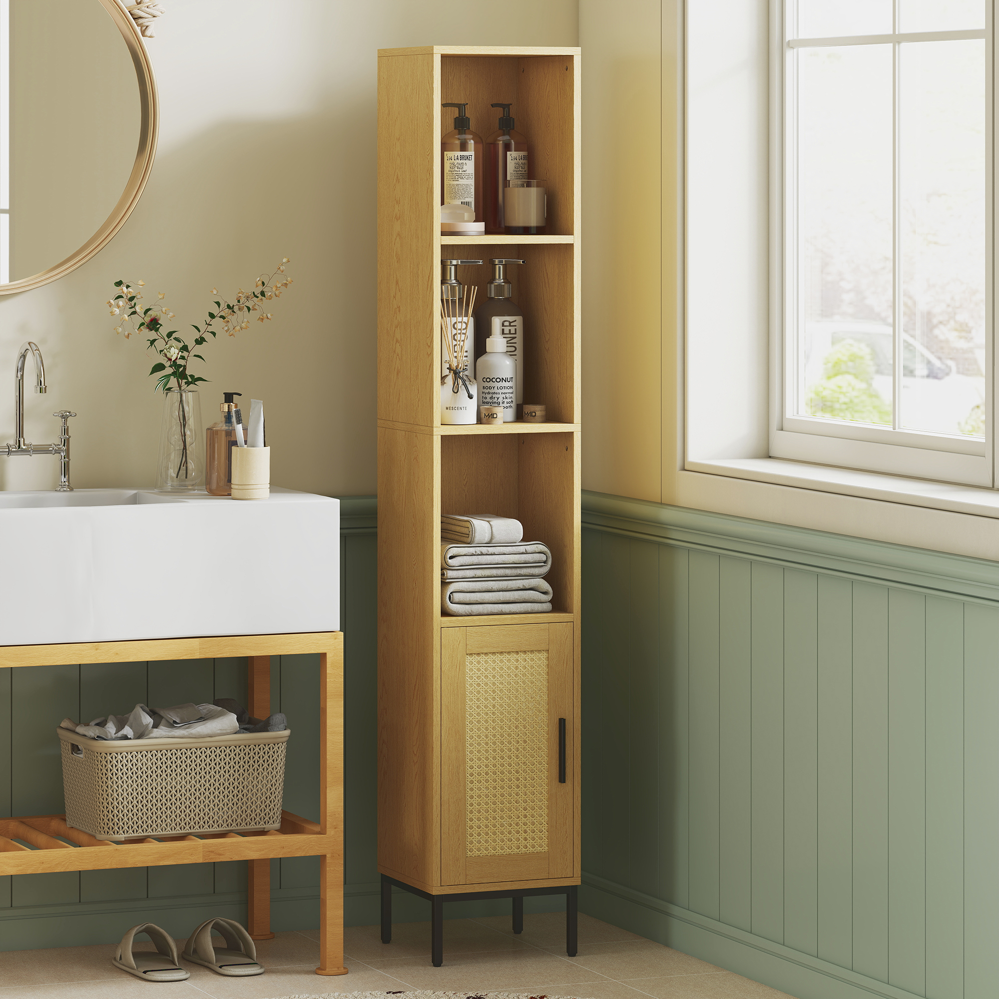Hoher Badezimmerschrank, schmaler Badschrank mit offenen Ablagen und verstellbarem Einlegeboden, Naturholzoptik