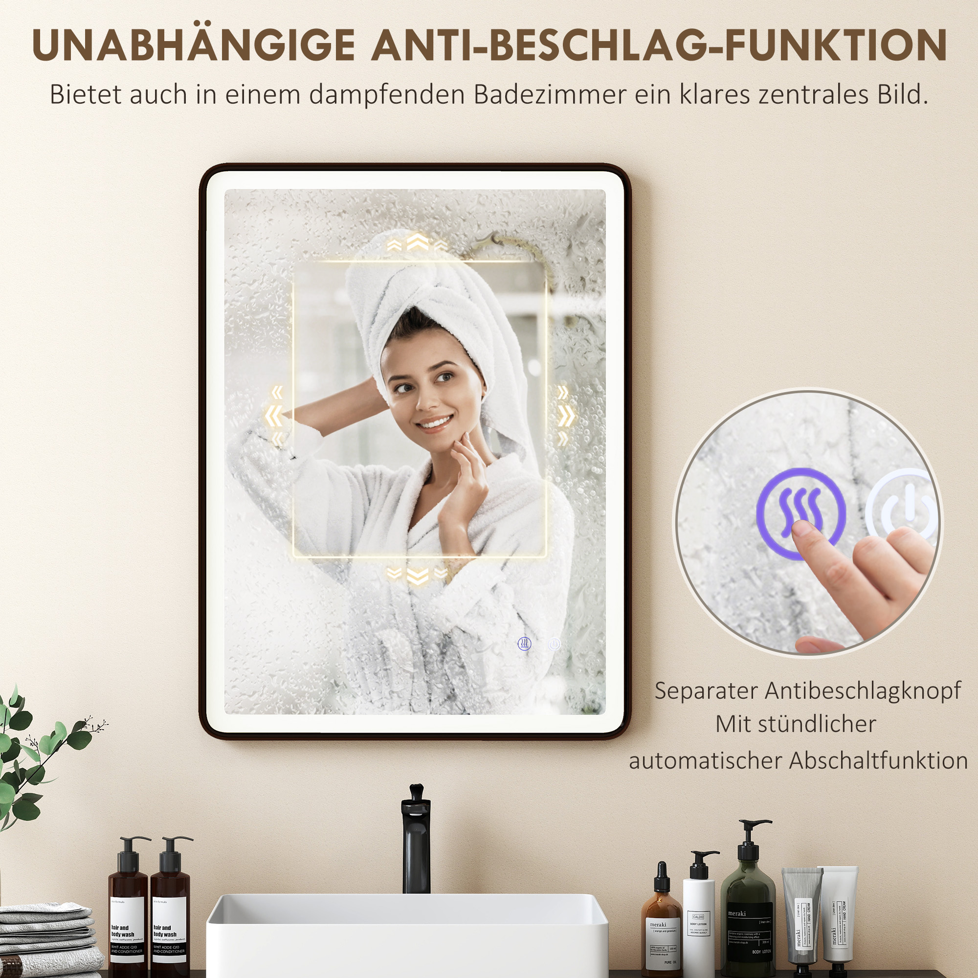LED-Badezimmerspiegel Anti-Beschlag Dimmbare Schminkspiegel mit Beleuchtung 80 x 60 cm Schwarzer Rahmen