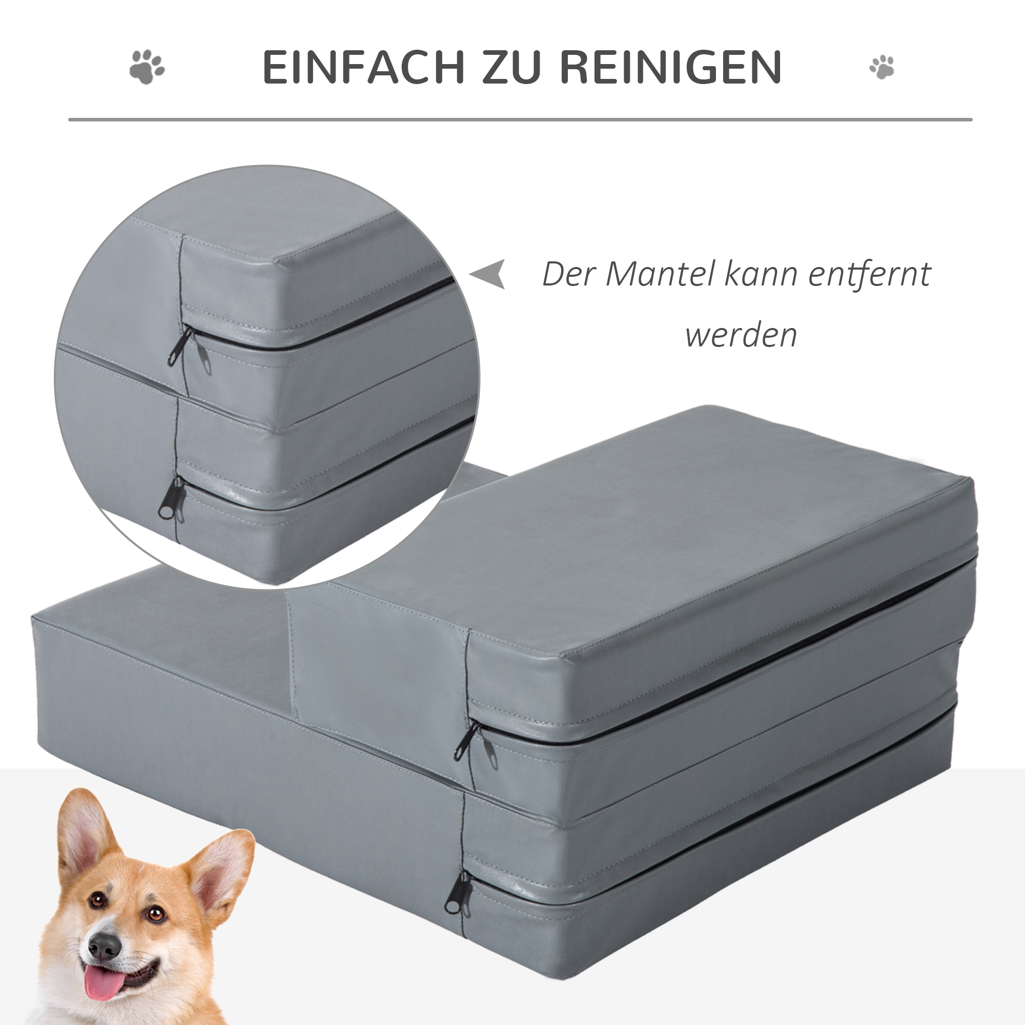 Haustiertreppe Tierunterlage 2 Stufen Klappbar bis 7 kg Hundetreppe Treppe Unterlage für Katzen und Hunde Grau L45 x B39 x H20 cm