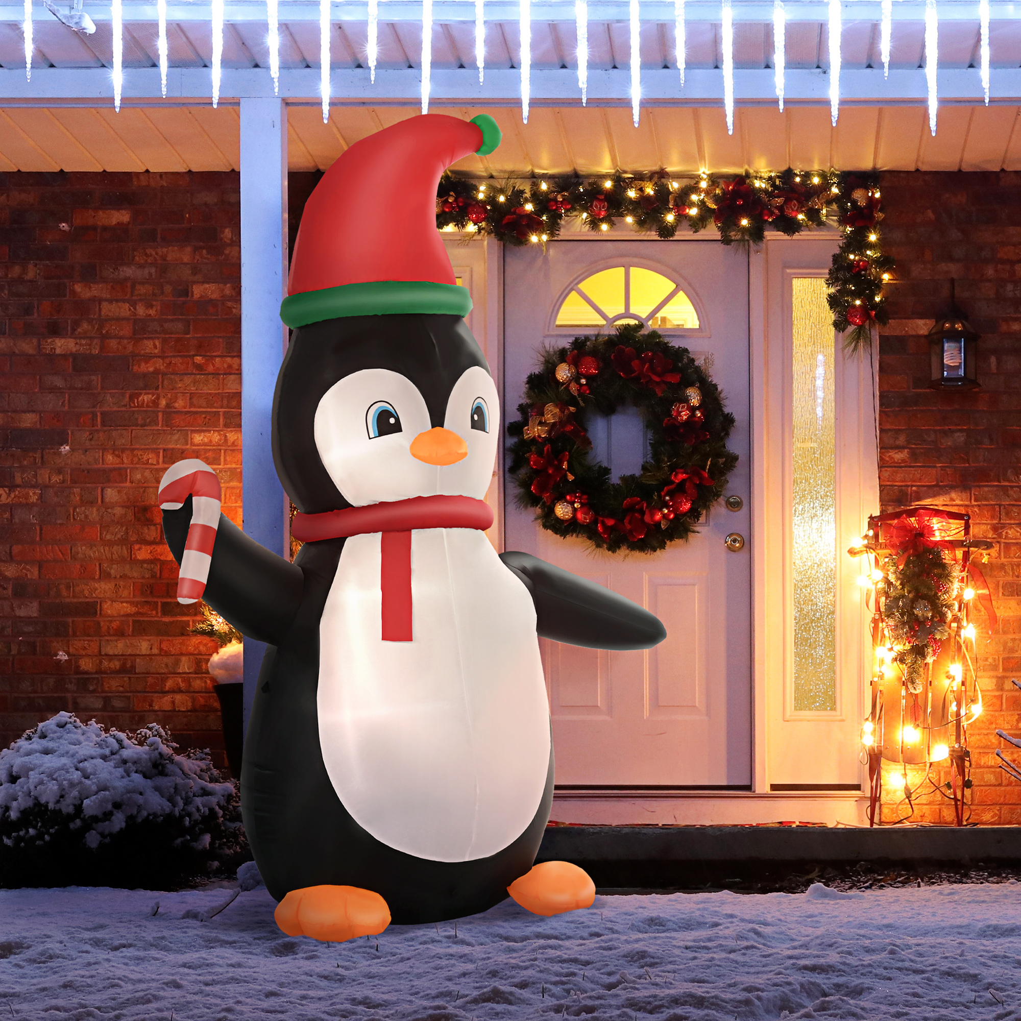 Aufblasbare Weihnachtsdeko, 2,5 m Aufblasbarer Weihnachtspinguin mit 3 LED-Lichtern, 162 x 100 x 250 cm, Mehrfarbig