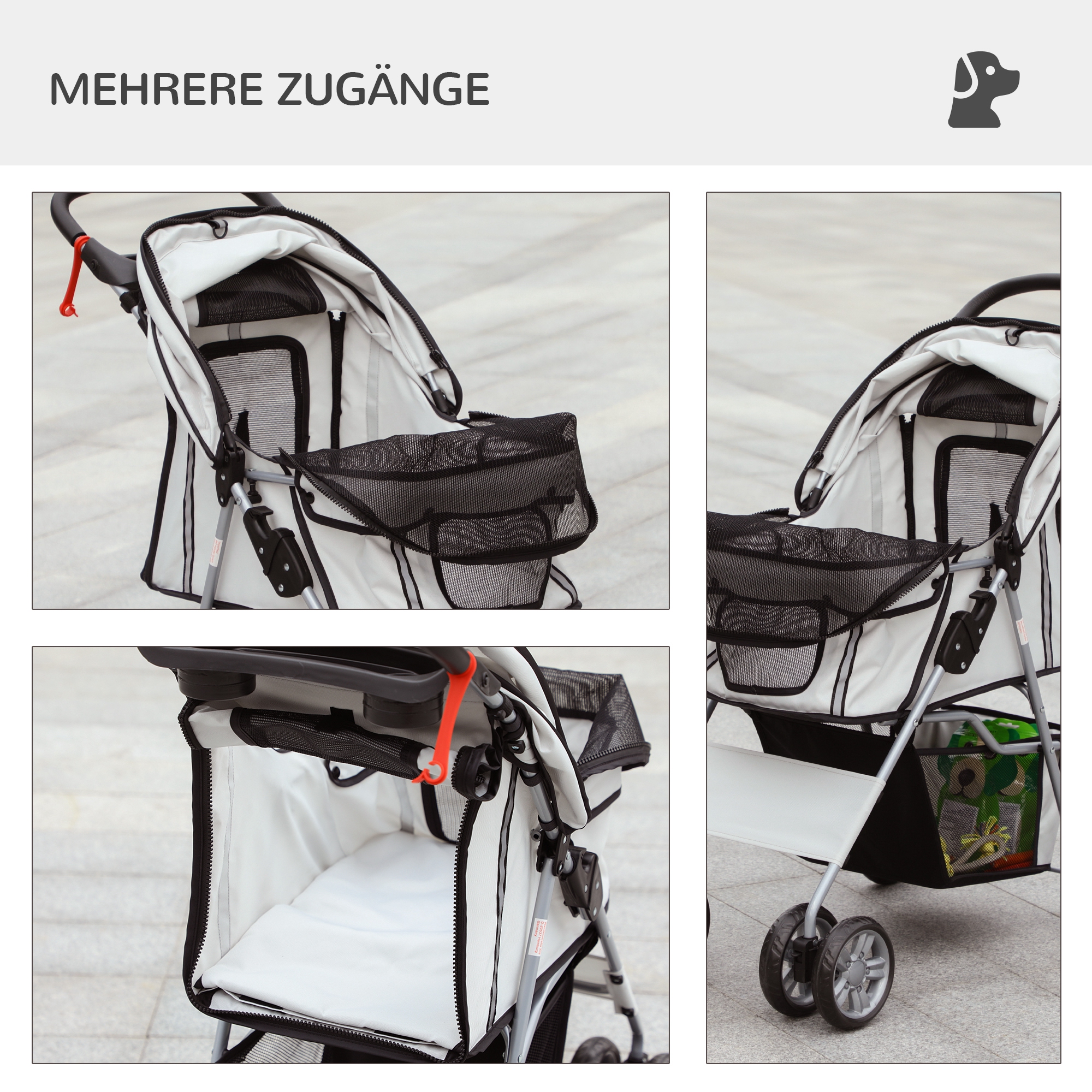 Hundebuggy Hundewagen bis 10 kg Klappbar Regenschutz Bodenkorb 2 Becherhalter 75 cm x 45 cm x 97 cm Grau