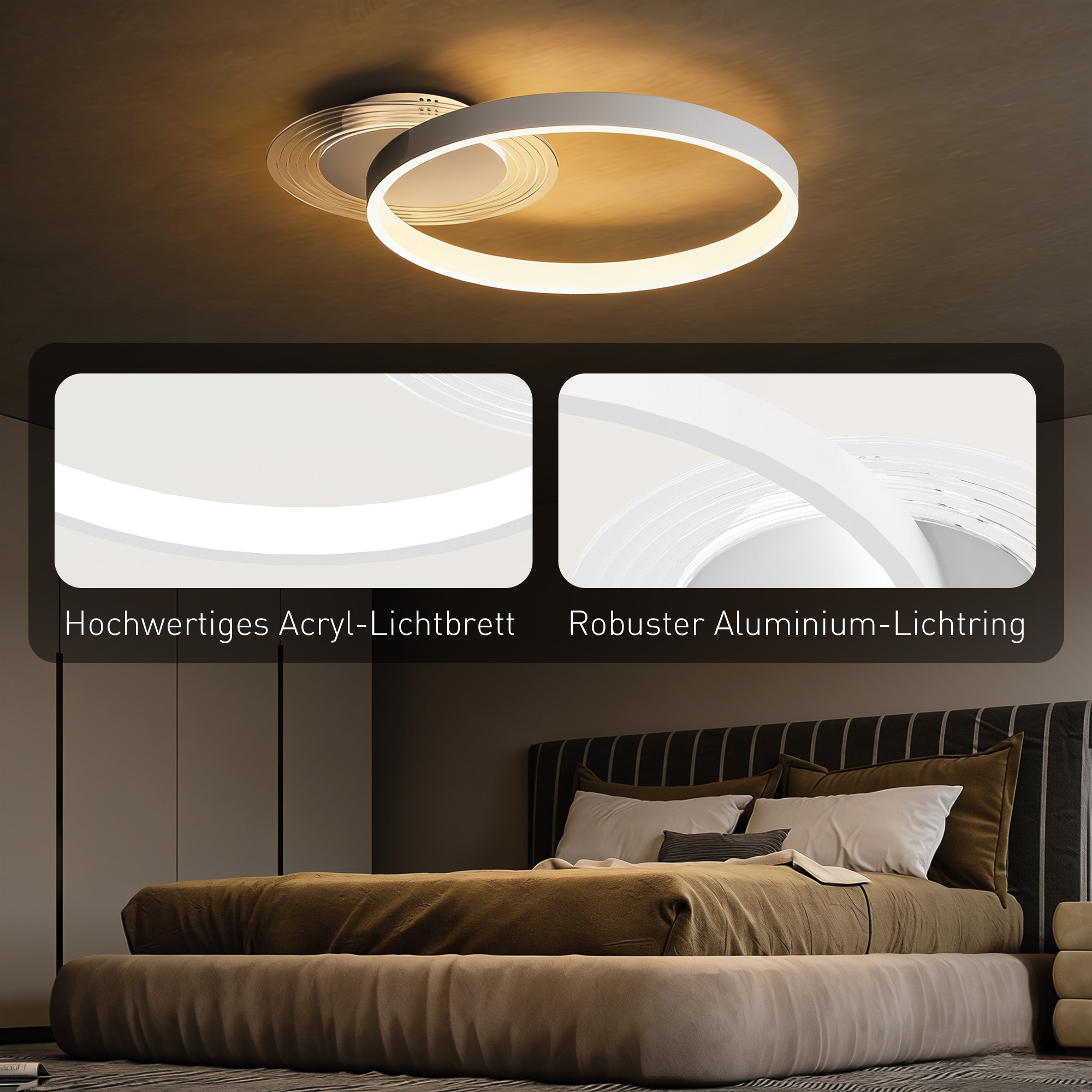Deckenlampe, Deckenleuchte mit Zwei-Ring-Design, Rund 50 x 40 x 7,4 cm, Weiß