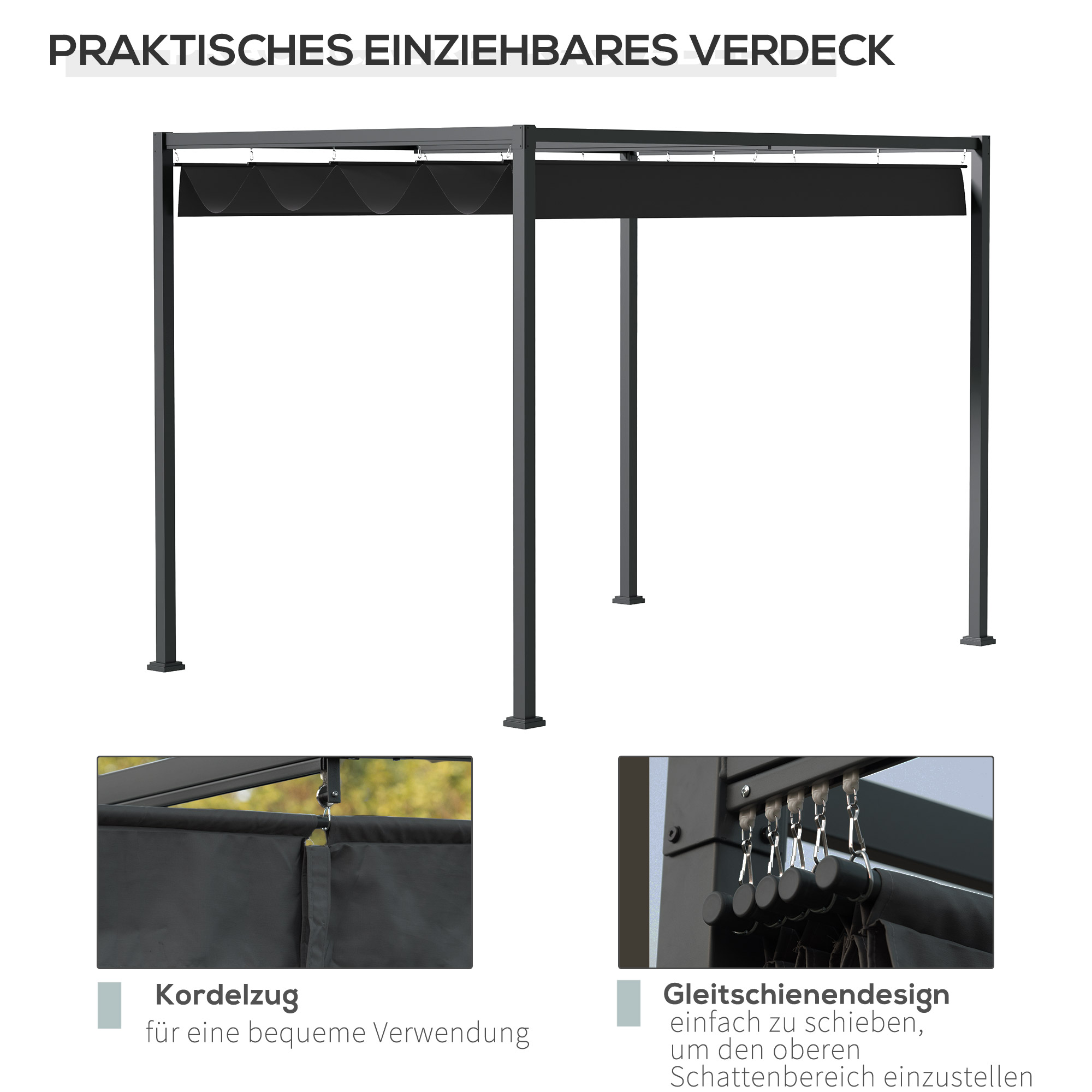 Pergola ca. 3x2m Garten Pavillon Terrassendachung Metall Freistehender Gartenpavillon mit Verstellbares Dach, UV Schutz, Sonnenschutz für Terrasse und Garten, Schwarz+Grau