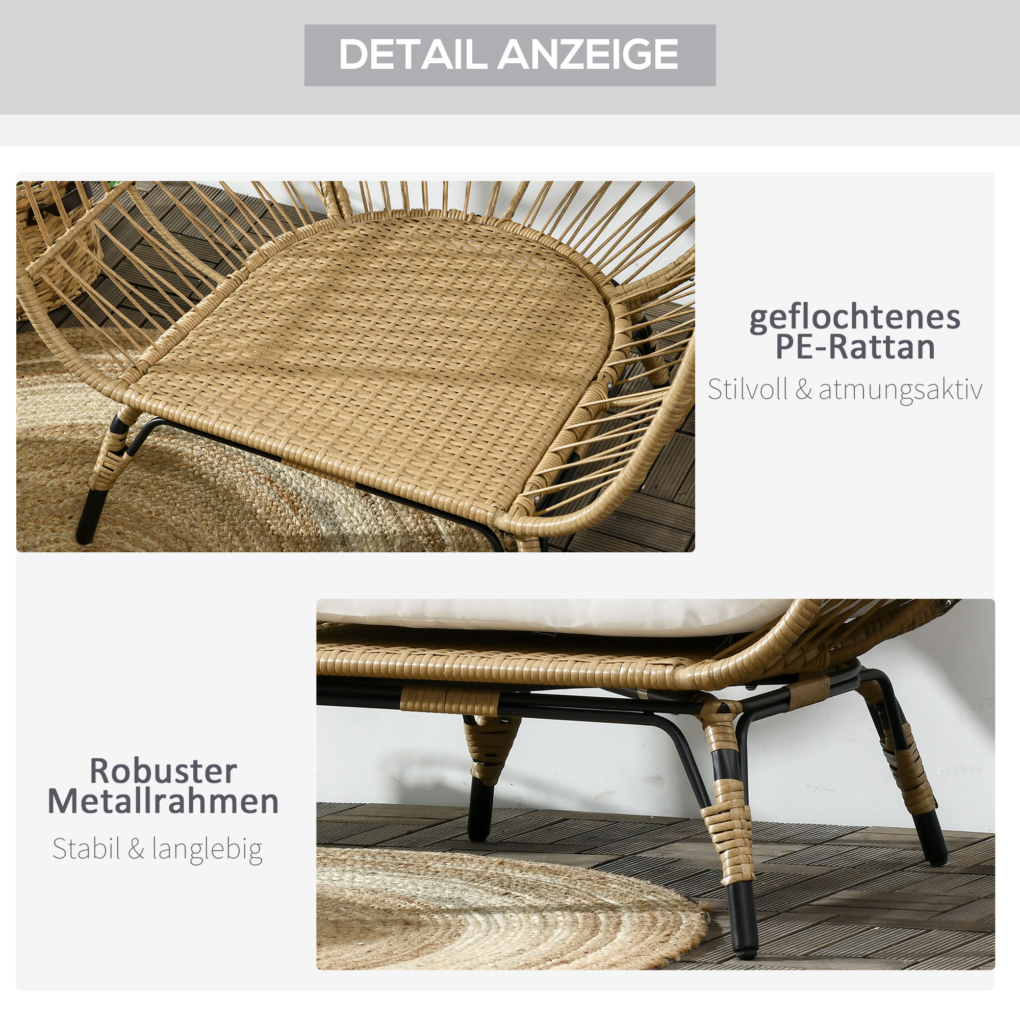 Korbstuhl in Rattanoptik, weiche Sitzkissen, Aluminiumrahmen, khaki+beige, 105 x 90 x 148 cm