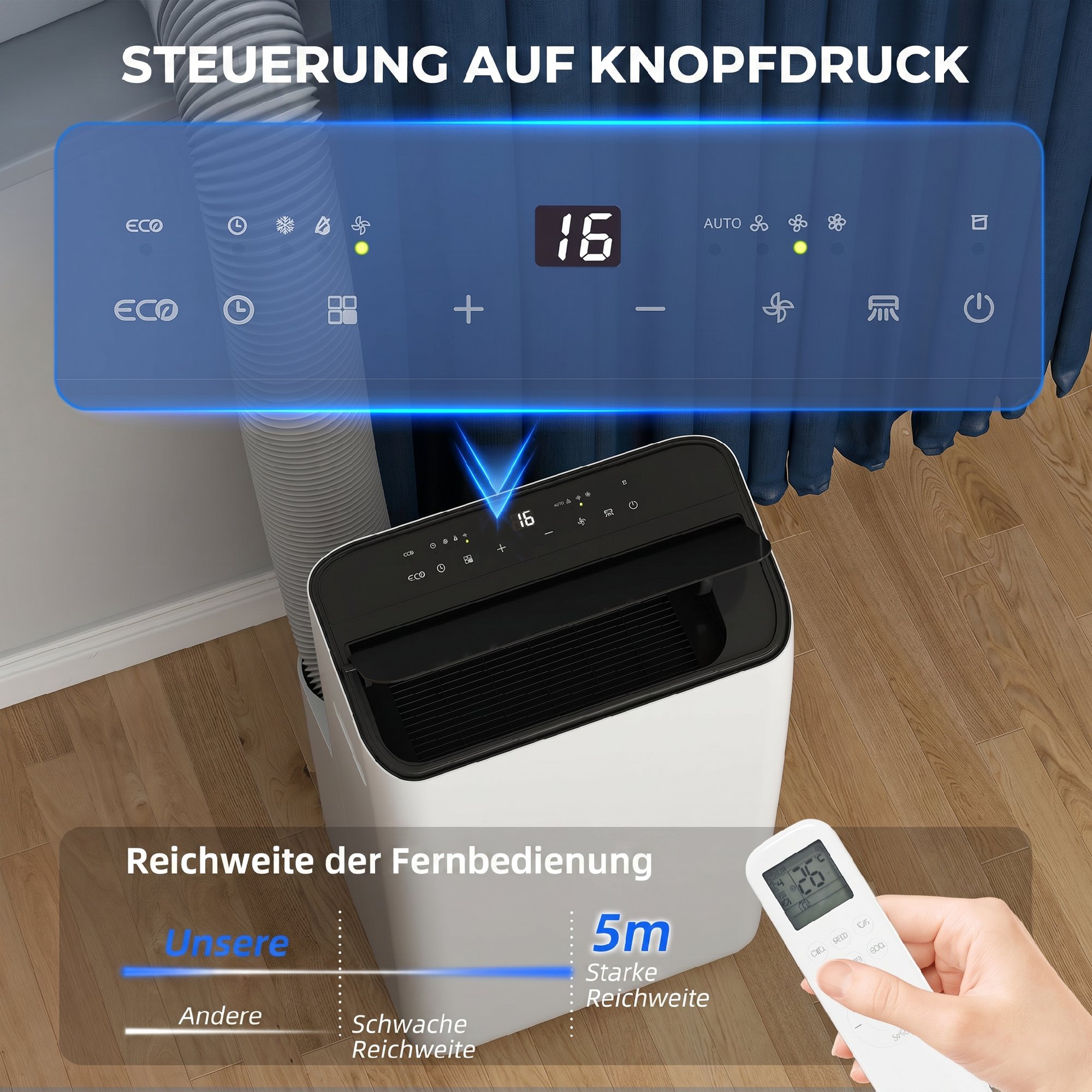 Mobiles Klimagerät 12.000 BTU mit Inverter-Technologie, Klimaanlage mit 60° Schwenkfunktion, 24H-Timer, Fernbedienung