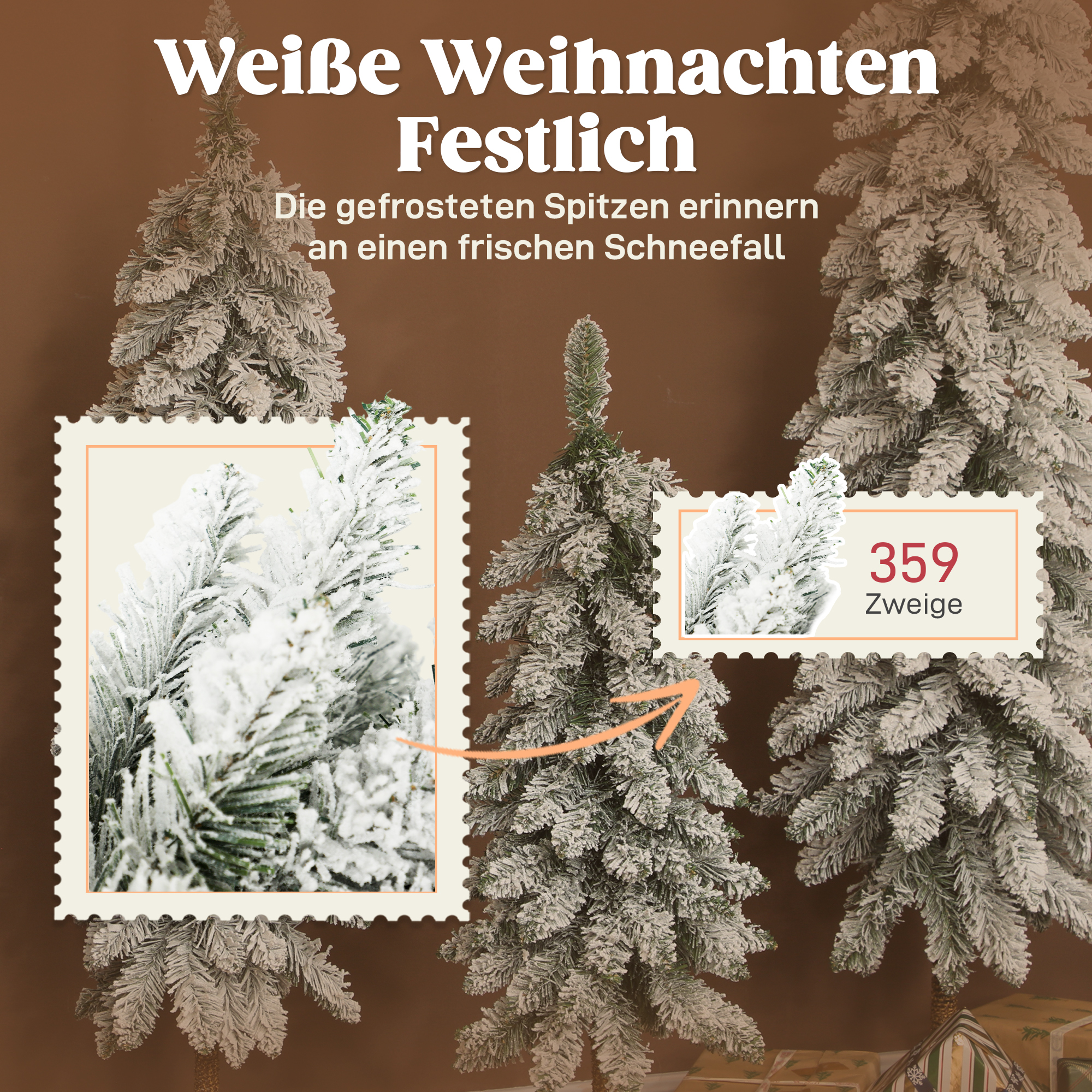 3er-Set schneebedeckte künstliche Tannenbäume, 3 Größen, Metallständer, flammenhemmend, Kunststoff, Grün+Weiß