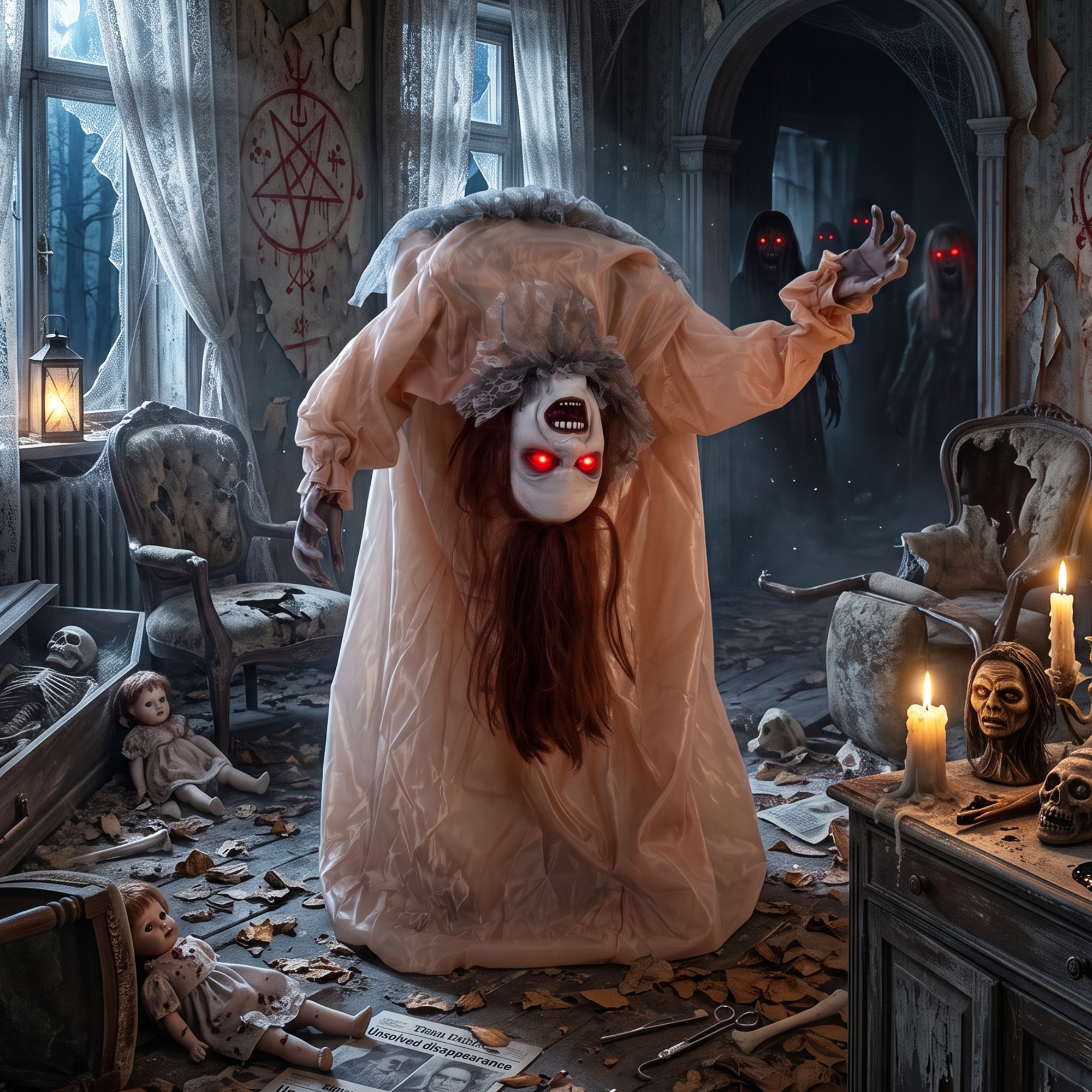 animierter Halloween-Geist mit gruseligen Schreien, leuchtenden Augen, per Geräusch/Berührung aktiviert