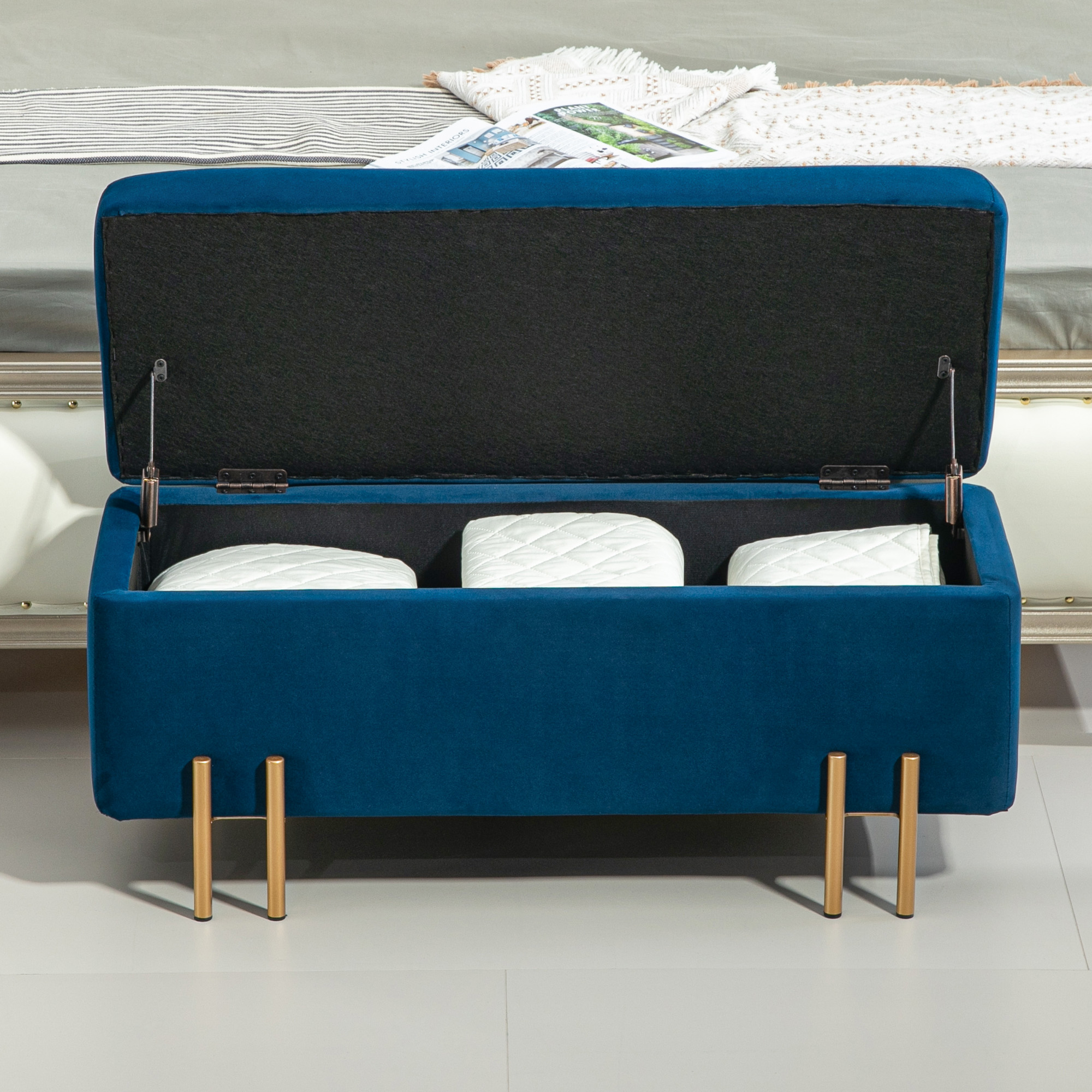 Sitzbank, Polsterbank mit Stauraum, Metall, Kautschukholz, Schaumstoff, 100 x 40 x 42 cm, Dunkelblau