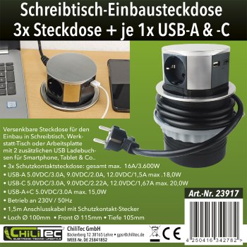 Schreibtisch-Einbausteckdose 3x +USB A+C / versenkbar, Edelstahl-Ausführung, rund