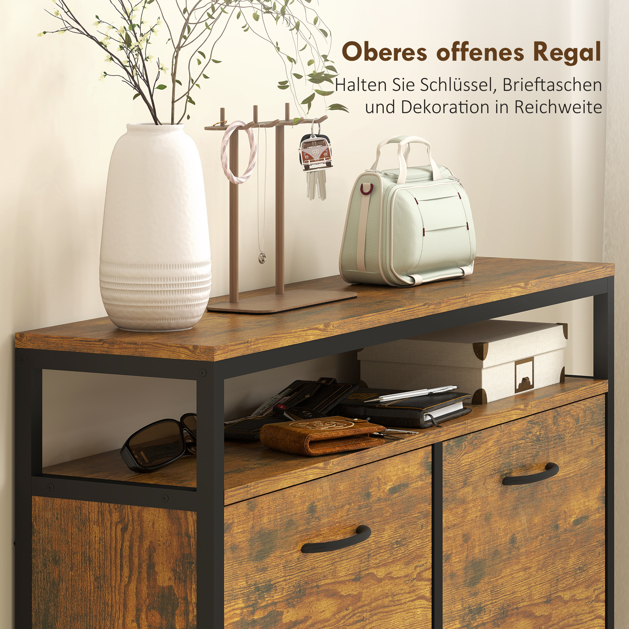 Schuhschrank mit 4 klappbaren Schubladen, schmales Design, offenes Regal, für 12-20 Paar Schuhe, Stahl, Braun