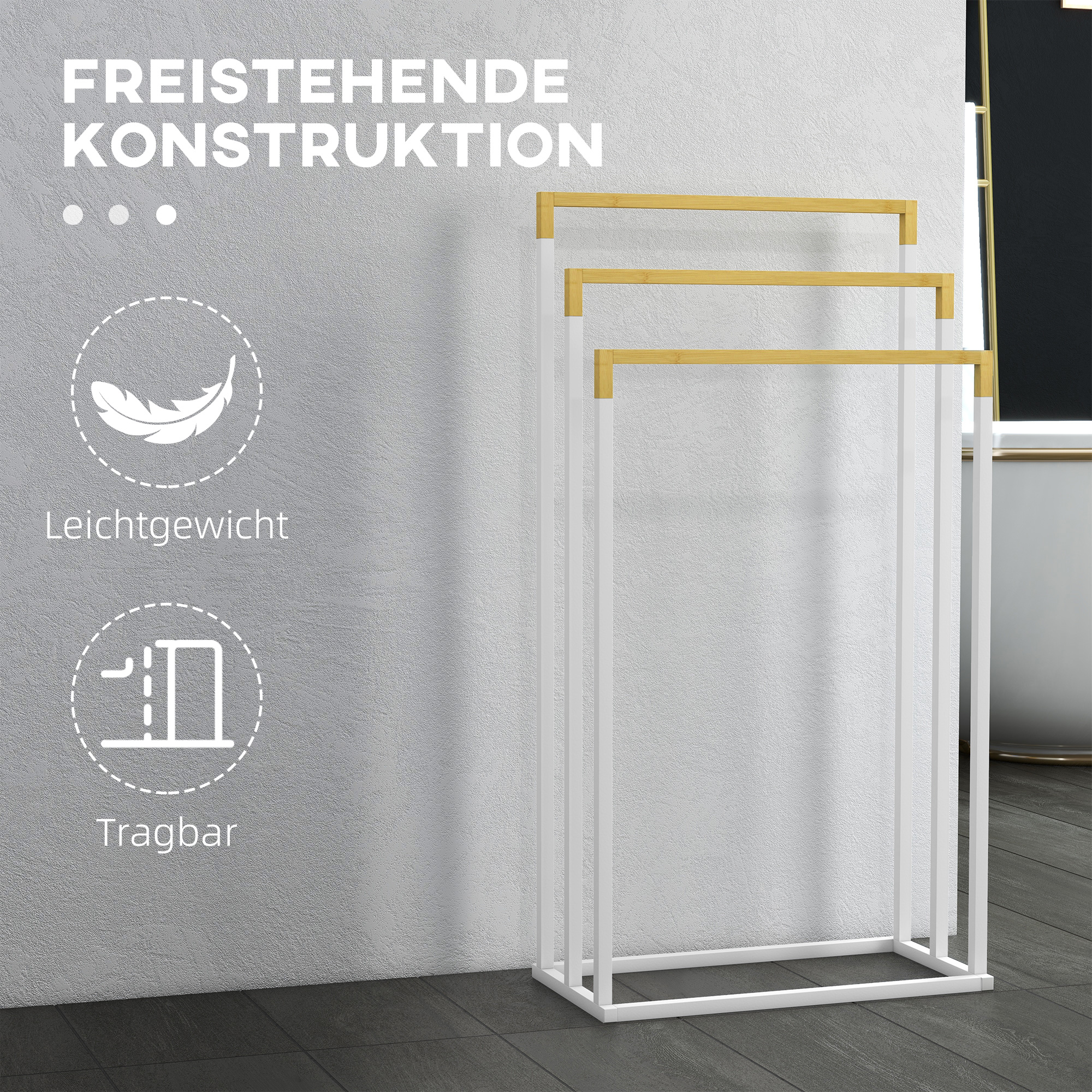 Handtuchhalter Handtuchalter-Set 3 Handtuchstangen, Industriedesign, Bambus, 45 x 22,5 x 86 cm, Weiß + Natur