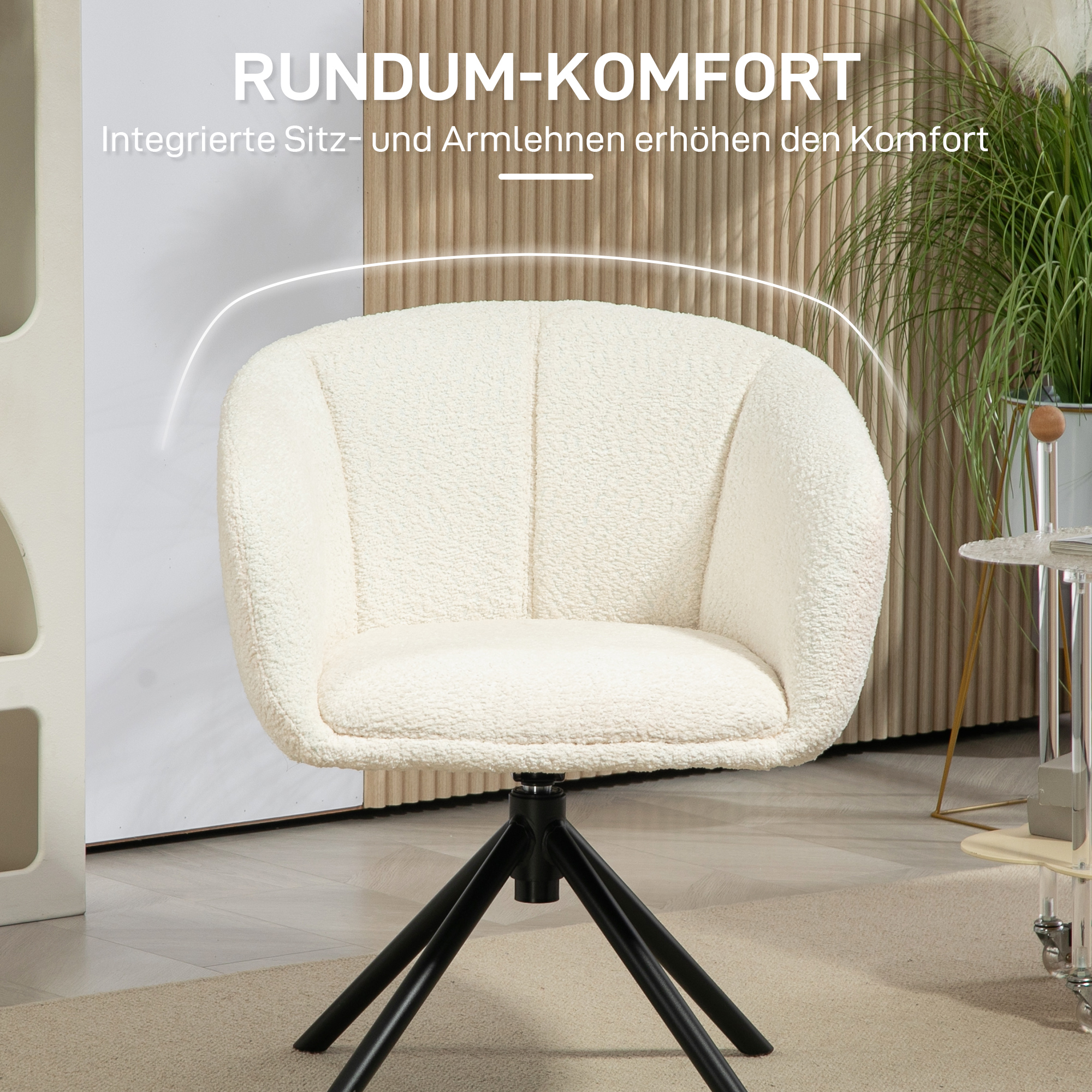 Sessel, Polsterstuhl mit bequemer Sitzschale, drehbar, kuscheliger Bezug, bis 120 kg, Cremeweiß