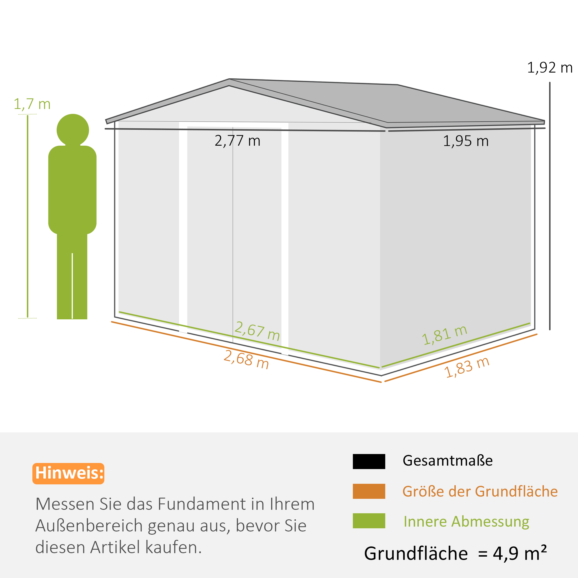 Geräteschuppen, 2 Schiebetüren, 4 Fenster, wetterfest, Metallgehäuse, 2,7 x 1,9 x 1,9 m, Braun