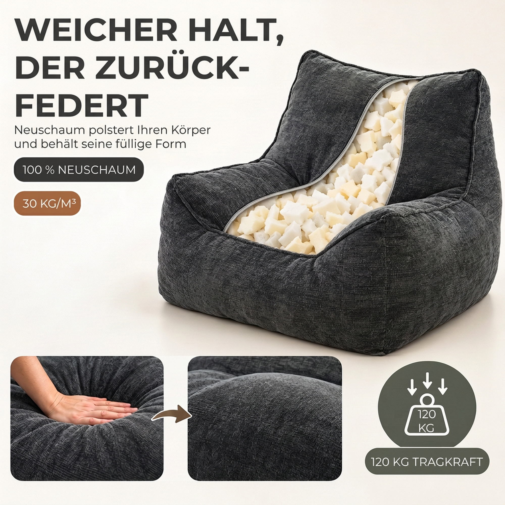 Bodensessel mit Ottoman, rahmenloser Cloud-Sessel aus Chenille, mit Rückenlehne und Armlehnen