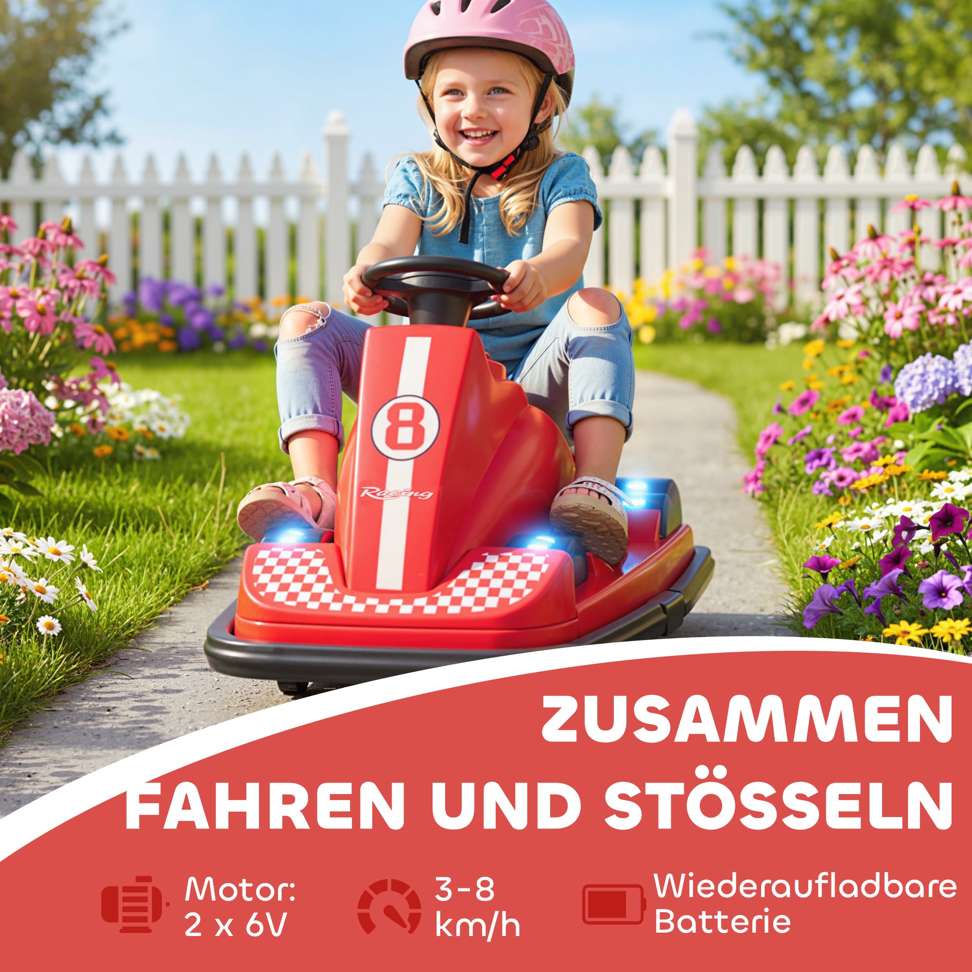 Autoscooter für Kinder, um 360 Grad drehbar, Lenkrad, LED-Lichter, Musikfunktion, 3-8 Jahre, Rot