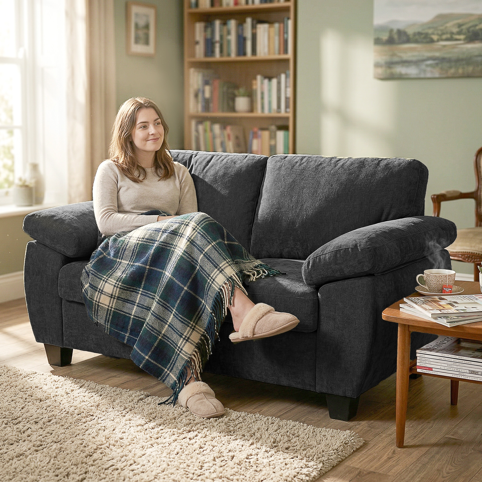 2-Sitzer-Sofa, 156 cm Chenille-Sofa mit dicken Federkernpolstern, breiten gepolsterten Armlehnen, 300 kg Tragkraft, Dunkelgrau