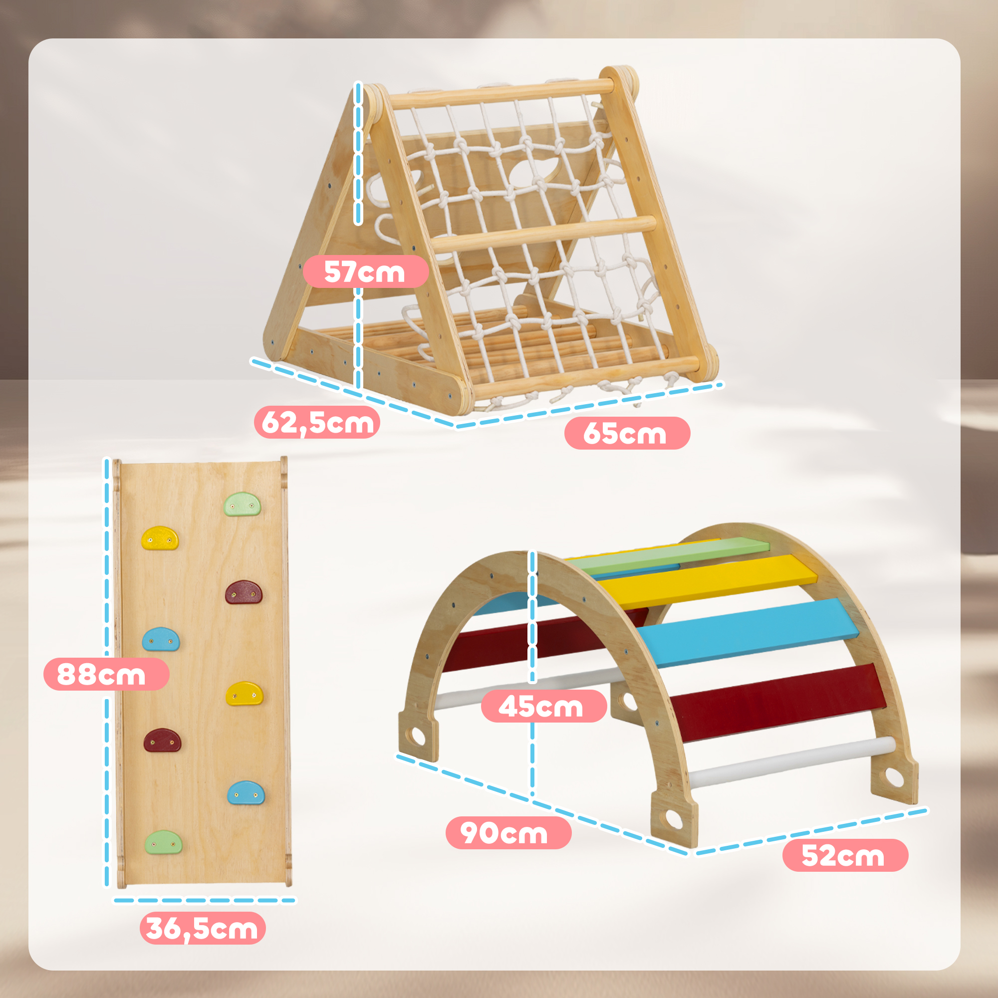 Klettergerüst Indoor, 7 in 1 Kletterdreieck mit Rutsche, Kletterbogen, Mehrfarbig