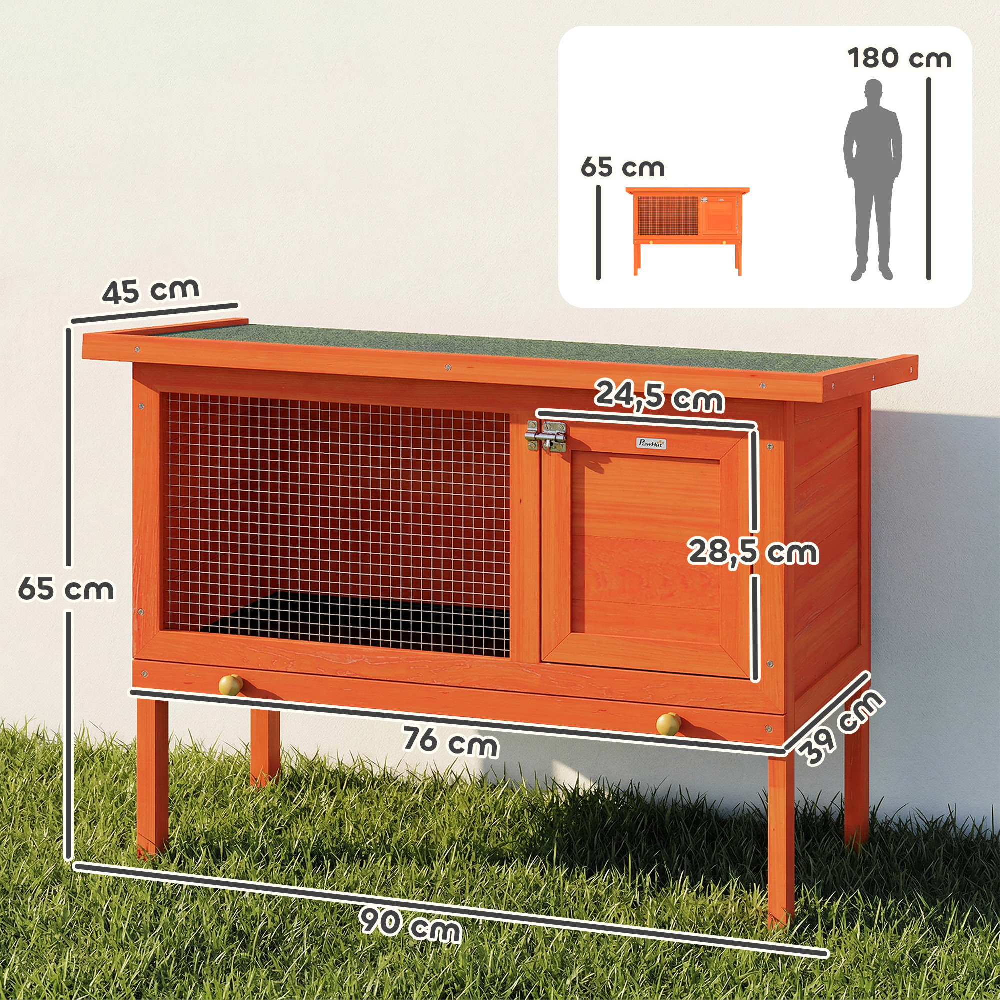 Hasenstall erhöhter Kaninchenstall aus Holz mit aufklappbar Bitumendach herausziehbarer Schublade 90x45x65 cm Orange