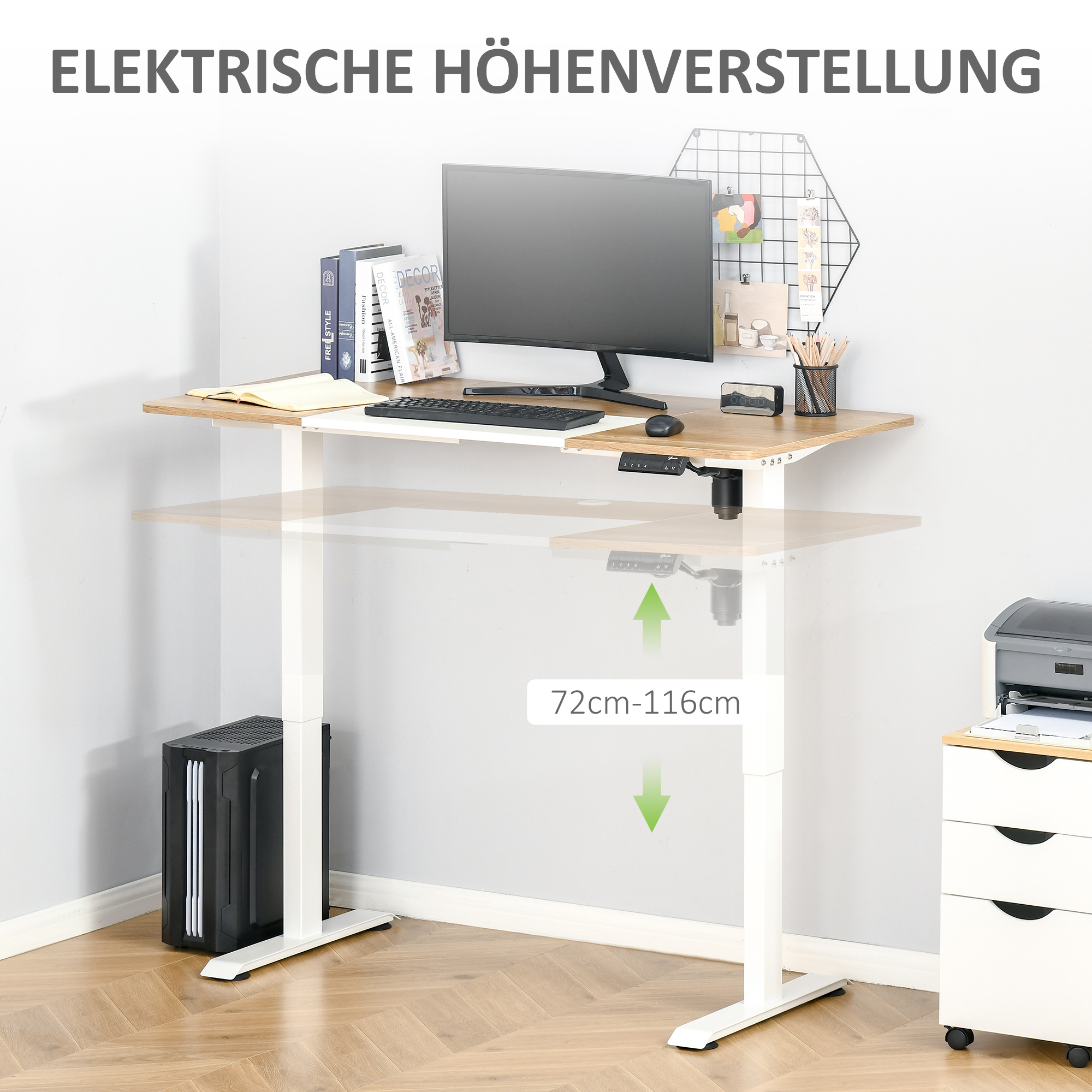 Höhenverstellbarer Schreibtisch Elektrisch 140 x 70 cm Computertisch mit 4 Memory-Steuerung, 4 tlg, Tischplatte, Steh-Sitz Tisch mit Anti-Kollision, Überhitzungsschutz Weiß