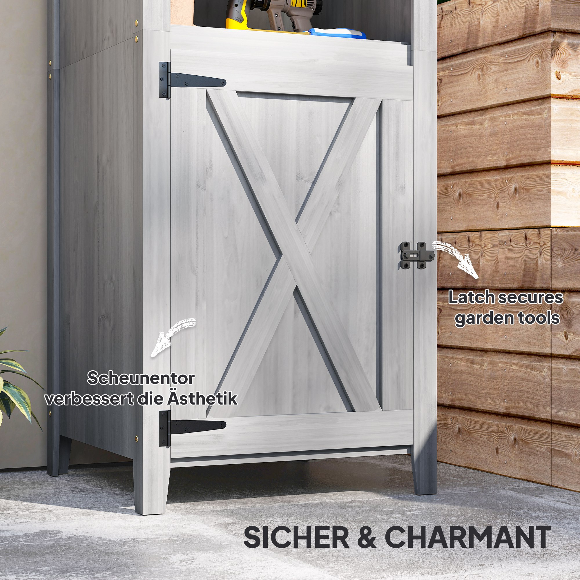 Gartenschuppen mit Scheunentür, verstellbare Regale, schlankes Design, Tannenholz, Hellgrau