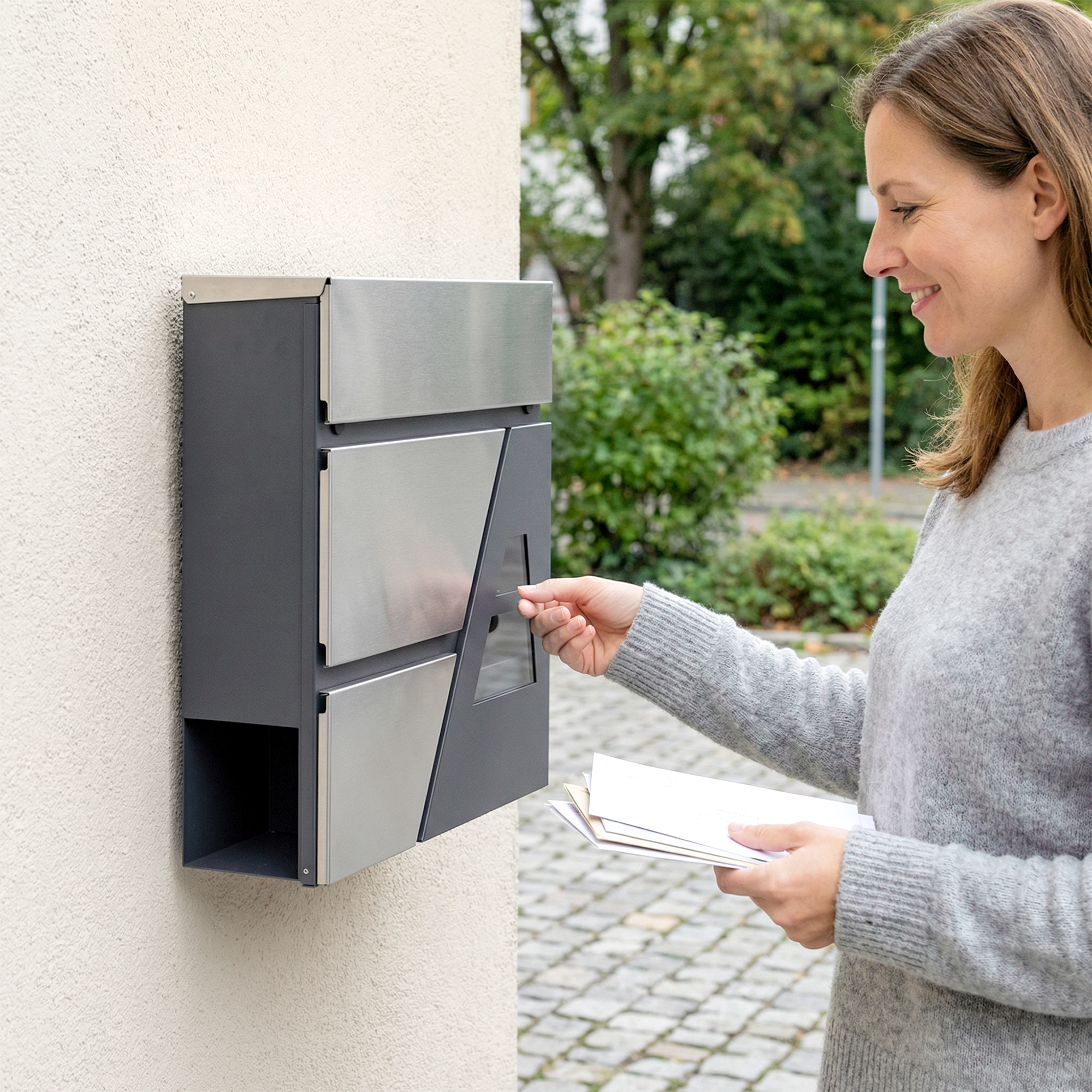 Briefkasten Wandmontage Wetterfest mit Zeitungshalter und 2 Schlüsseln für Außenwand, Dunkelgrau