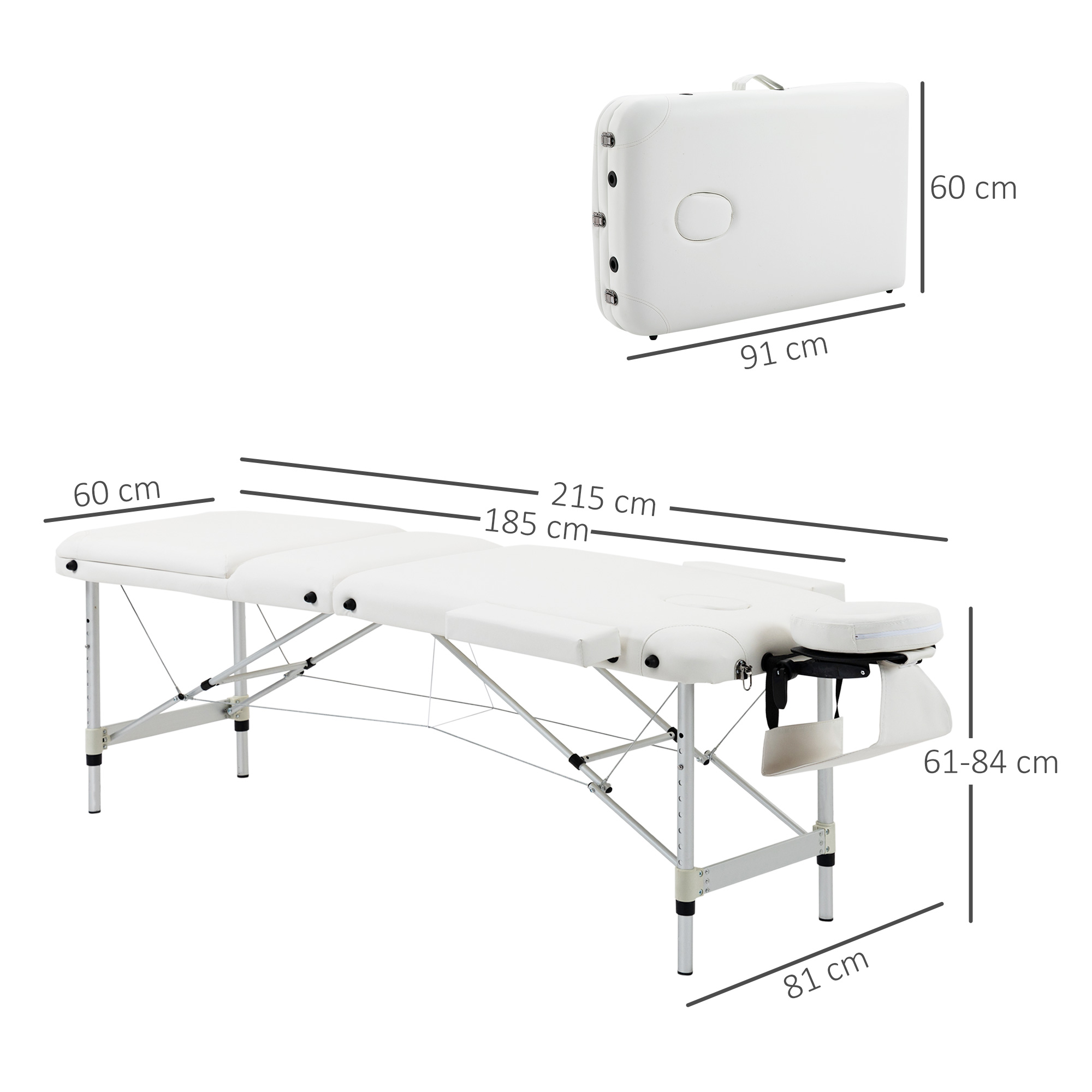 mobile Massageliege 3 Zonen klappbar Massagetisch mit Kopfstütze Armlehne Tragetasche höhenverstellbare Aluminium Massagebett tragbar inkl. Zubehör Massagebank bis 225 kg Belast Weiß